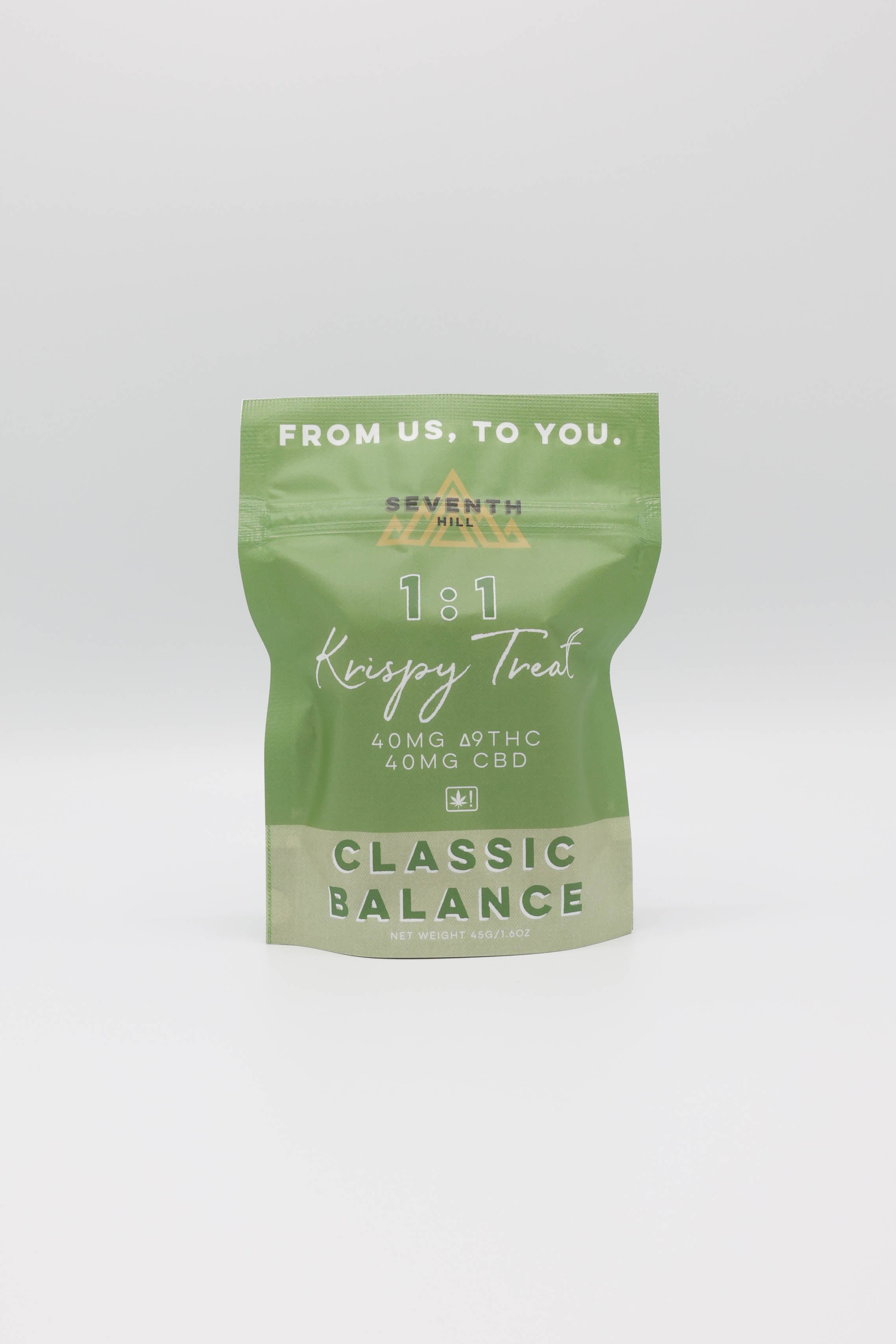 A green stand-up pouch of Seventh Hill 1:1 Krispy Treat Classic Balance, 40mg & 40mg CBD, shown on a white background.