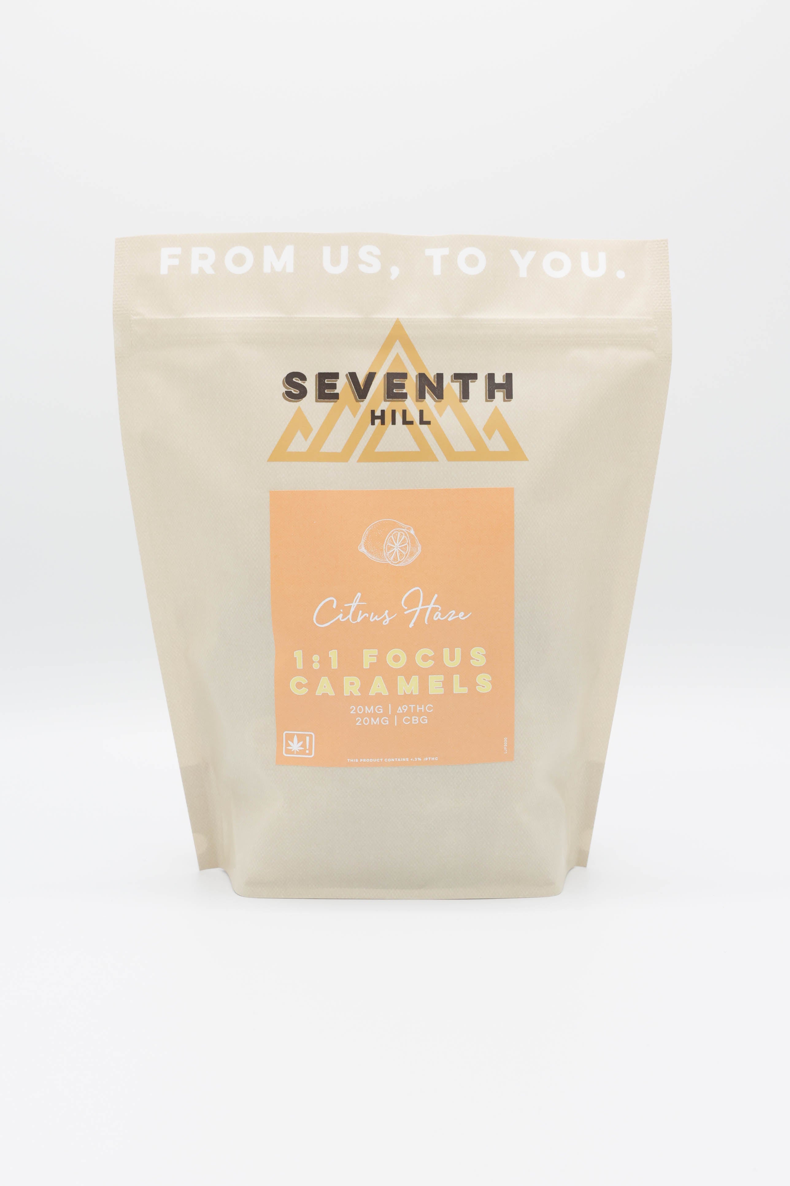 A stand-up pouch of Seventh Hill Citrus Haze 1:1 CBG Focus Caramels on a clean white background.