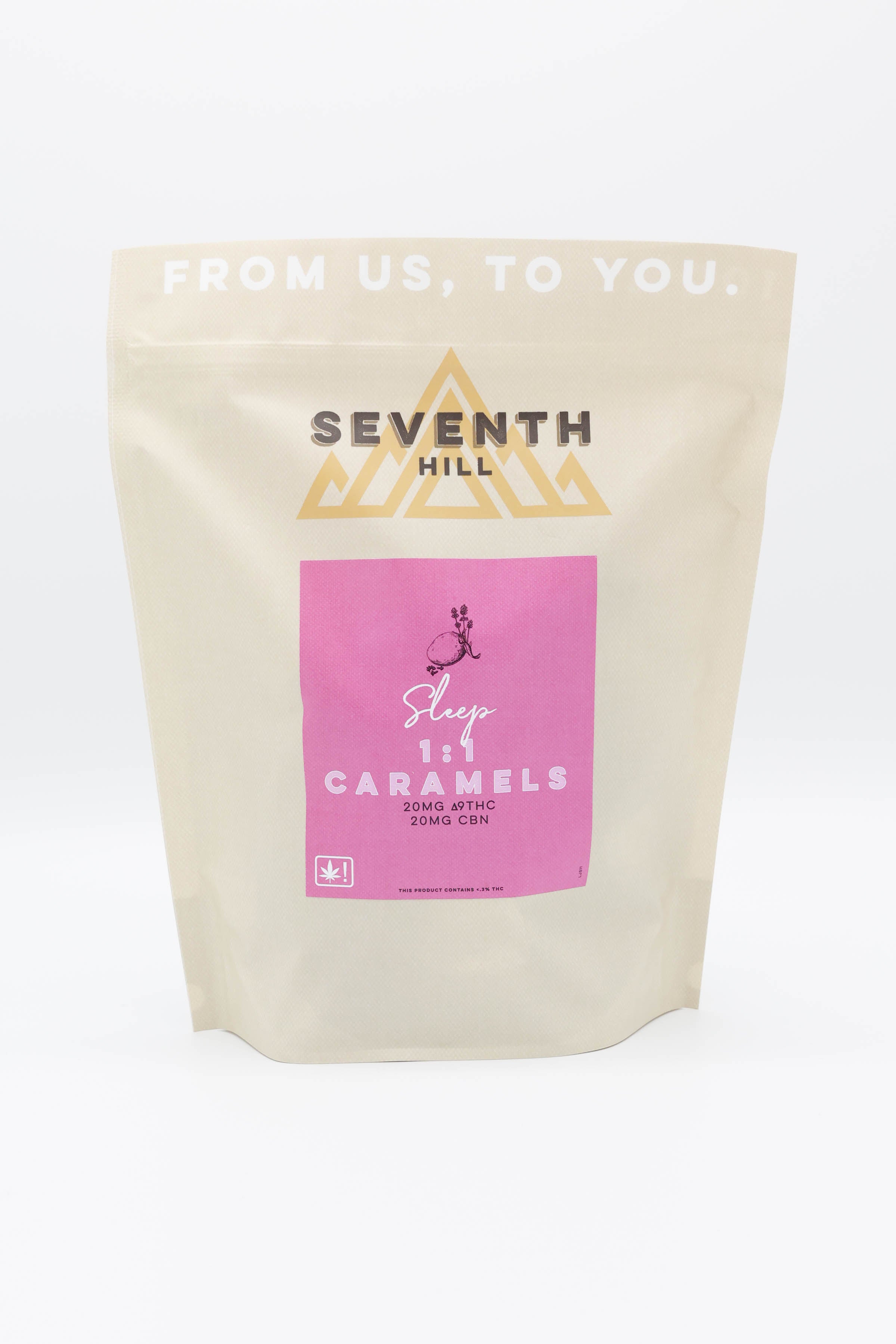 A stand-up pouch of Seventh Hill CBN Sleep 1:1 Caramels on a clean white background.