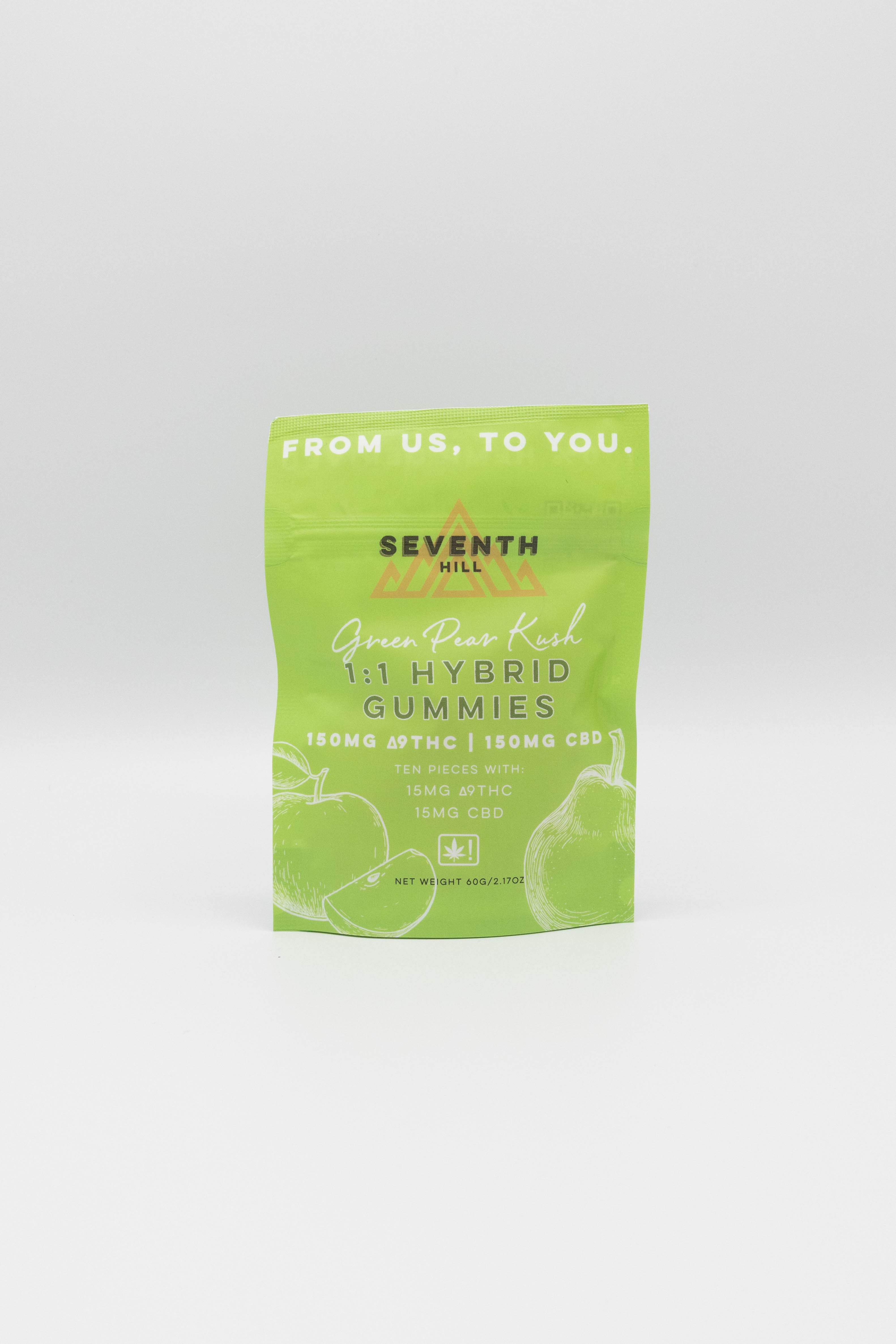 A green resealable pouch of Seventh Hill Green Pear Kush 1:1 Hybrid Gummies, shown on a white background.