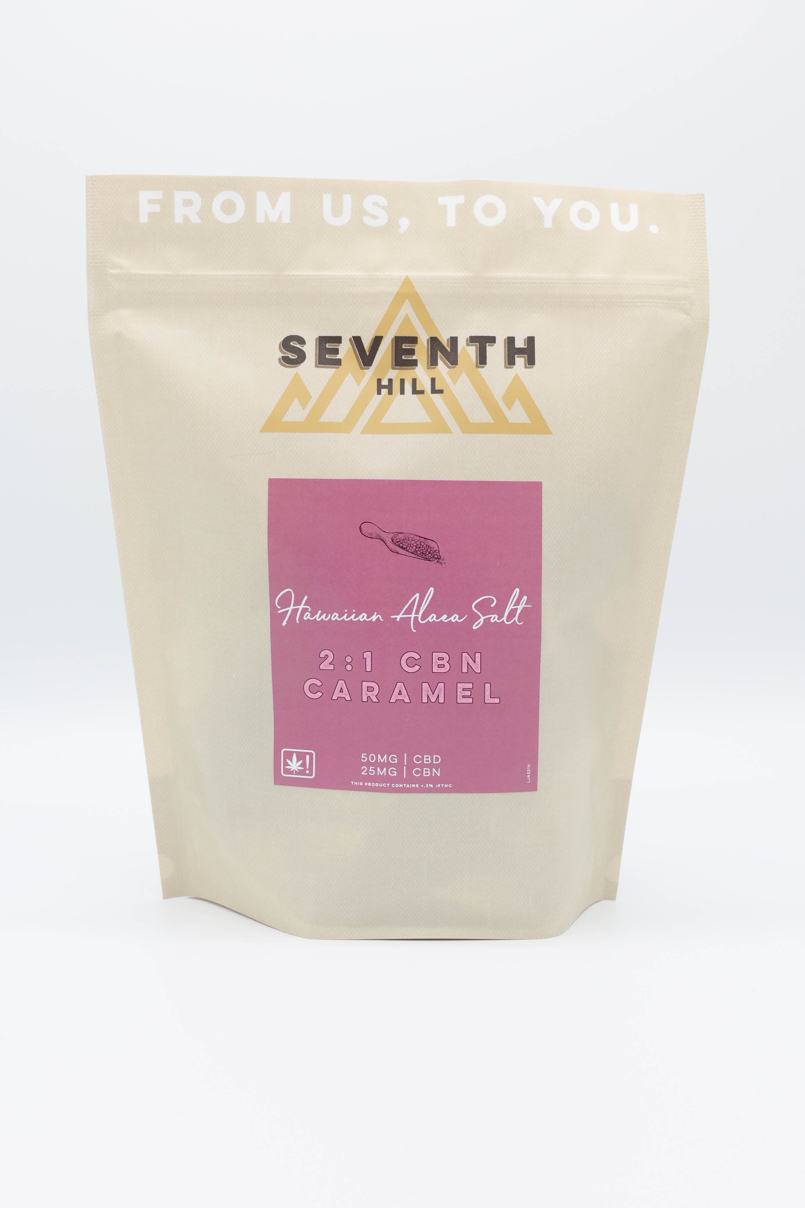 A stand-up pouch of Seventh Hill Hawaiian Alaea Salt 2:1 CBN Caramels, shown on a clean white background.