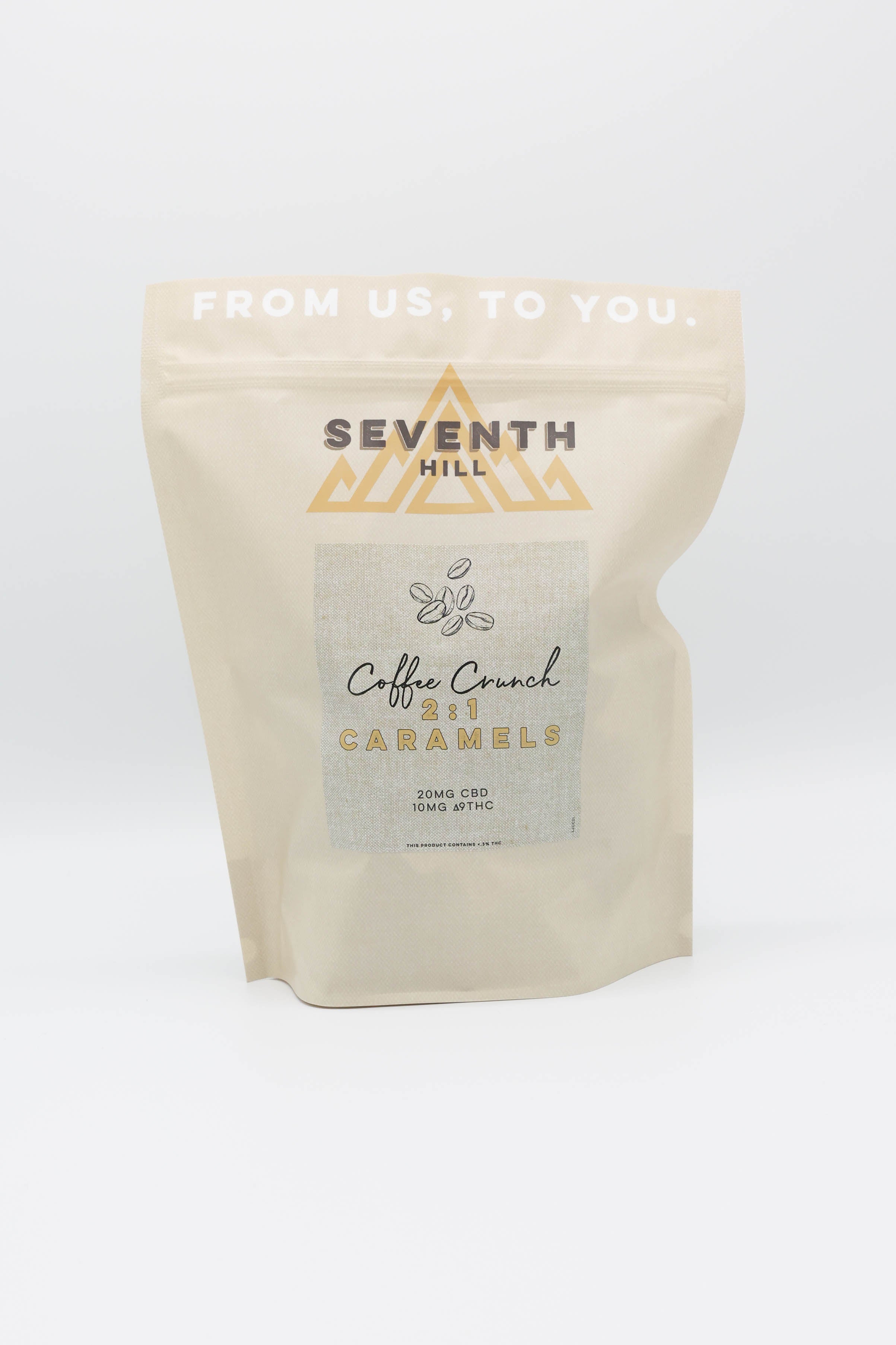 A stand-up pouch of Seventh Hill 2:1 Coffee Crunch Caramels on a clean white background.