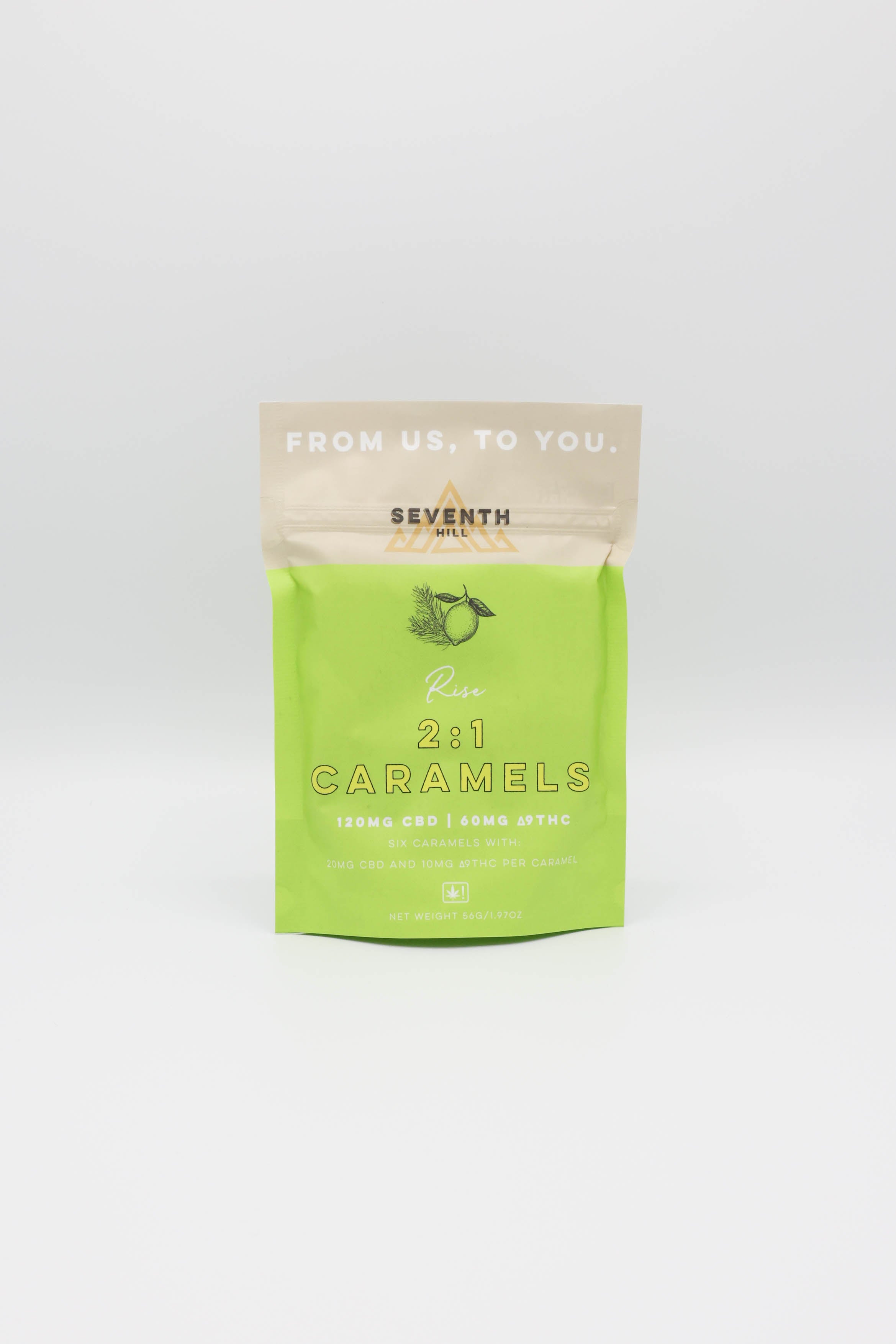 A stand-up pouch of Seventh Hill 2:1 Rise Caramels, featuring a bright lime green lower half and a beige top seal with white text, set against a plain white background.