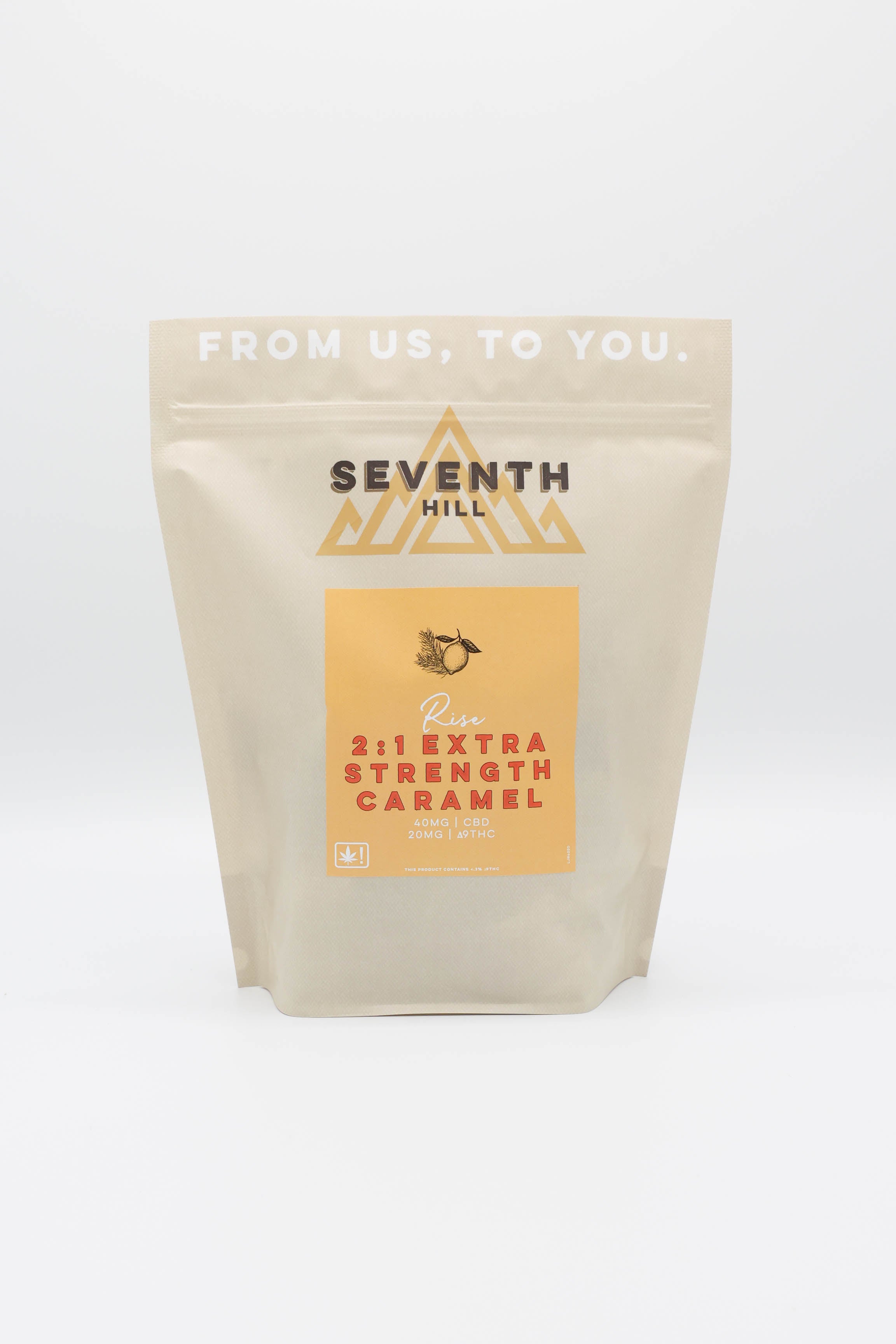 A stand-up pouch of Seventh Hill  2:1 Extra Strength Caramel, shown on a clean white background.