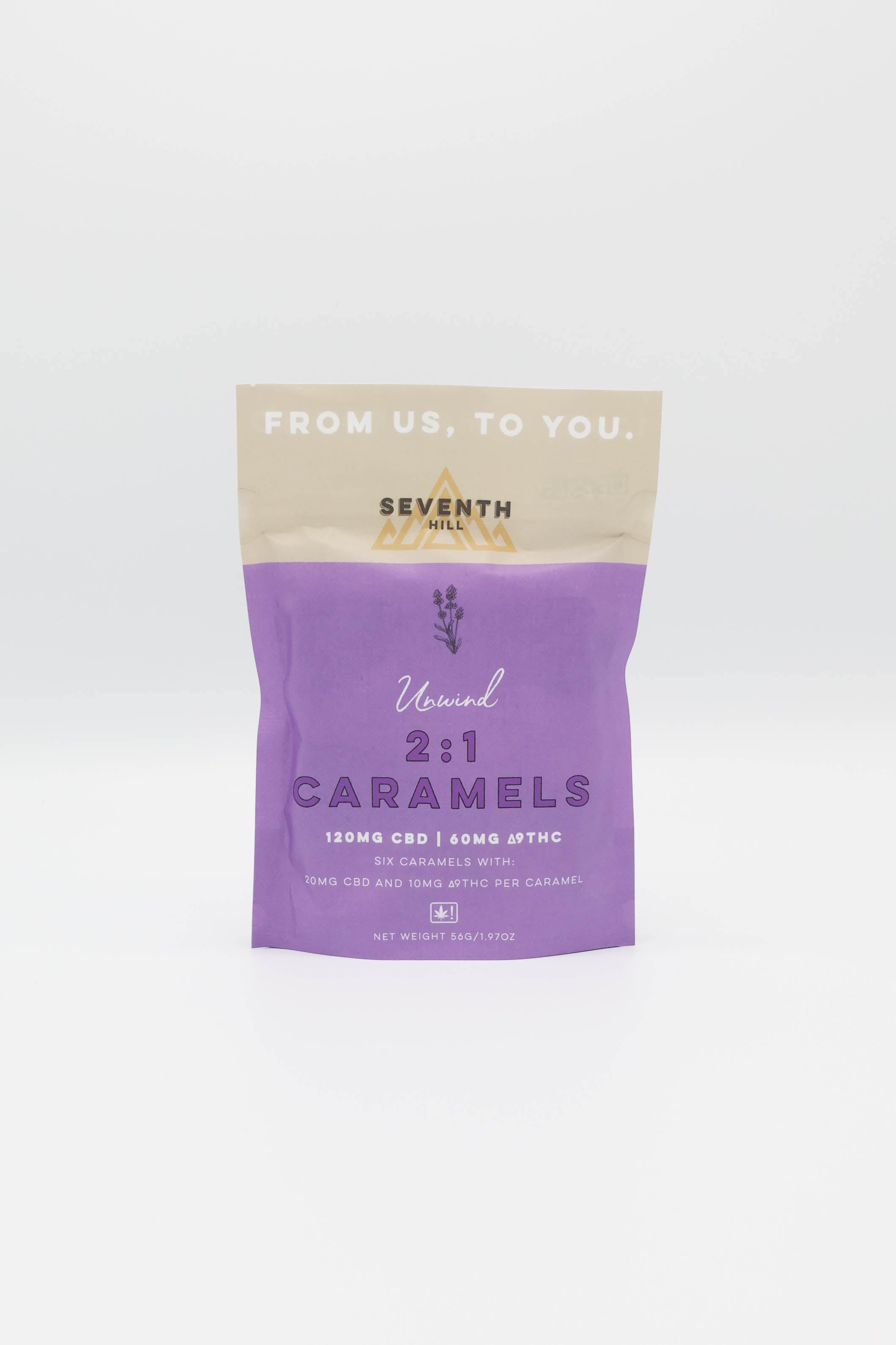 A stand-up pouch of Seventh Hills Unwind 2:1 Caramels on a clean white background. The packaging features a light beige top section with the text 'FROM US, TO YOU'.