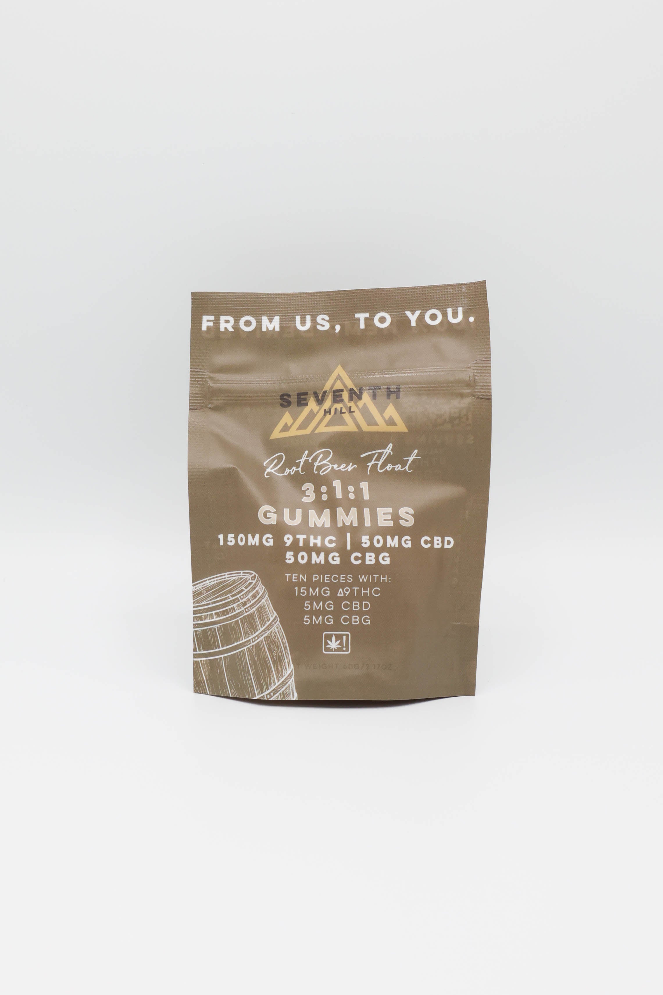 A brown stand-up pouch of Seventh Hill CBD gummies on a light gray background. The packaging features white text reading 'FROM US, TO YOU'.