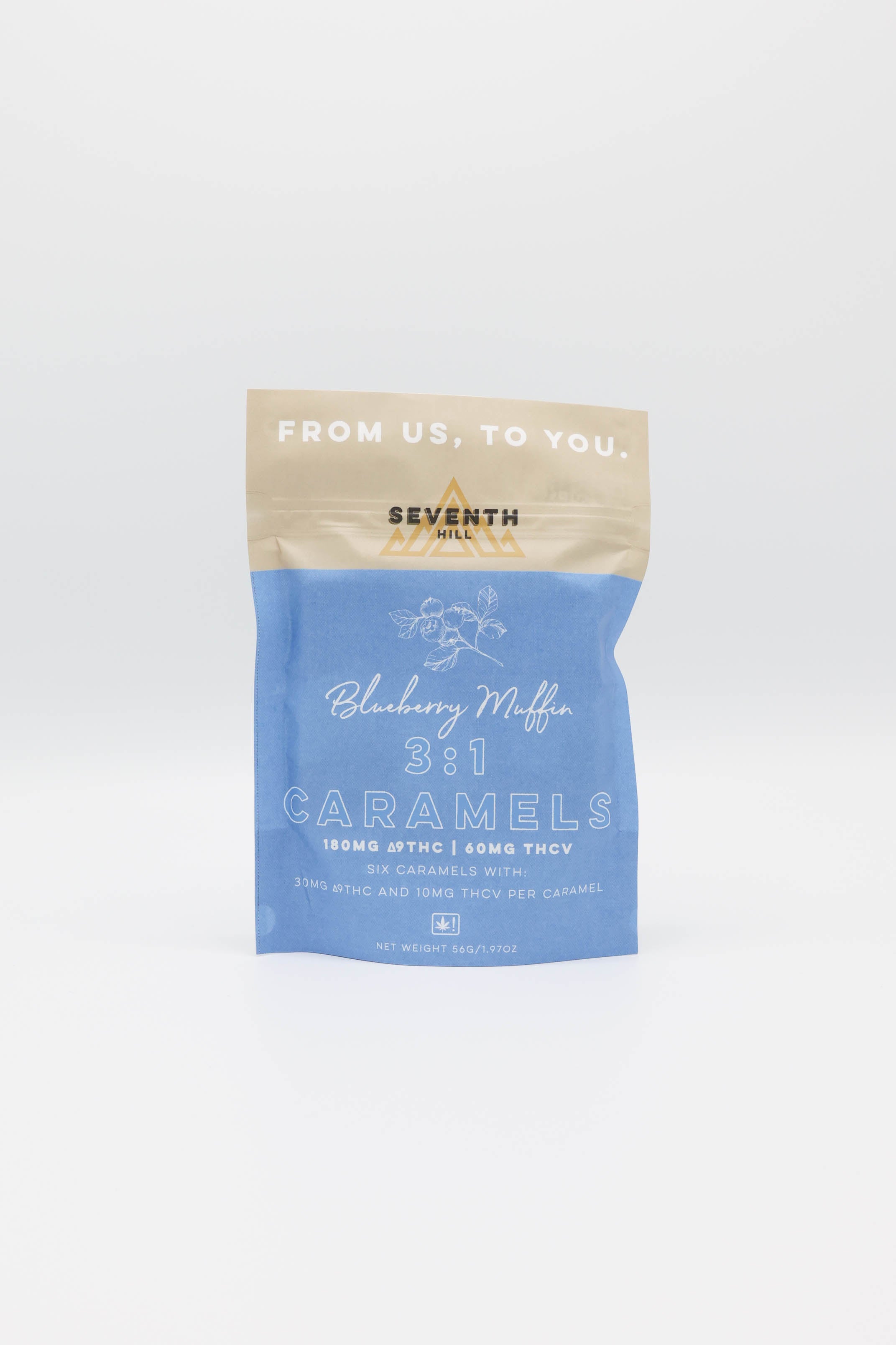 A stand-up pouch of Seventh Hill 3:1 Blueberry Muffin Caramels on a clean white background.