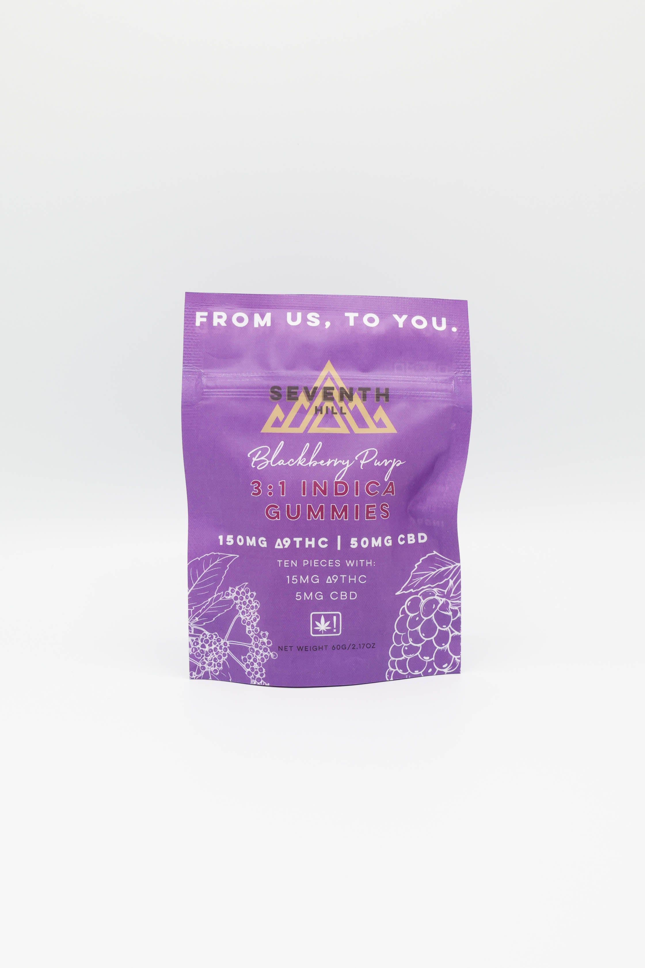 A purple stand-up pouch of Seventh Hill Blackberry Purp 3:1 Indica Gummies, featuring white and gold text and illustrations of blueberries, set against a plain white background.