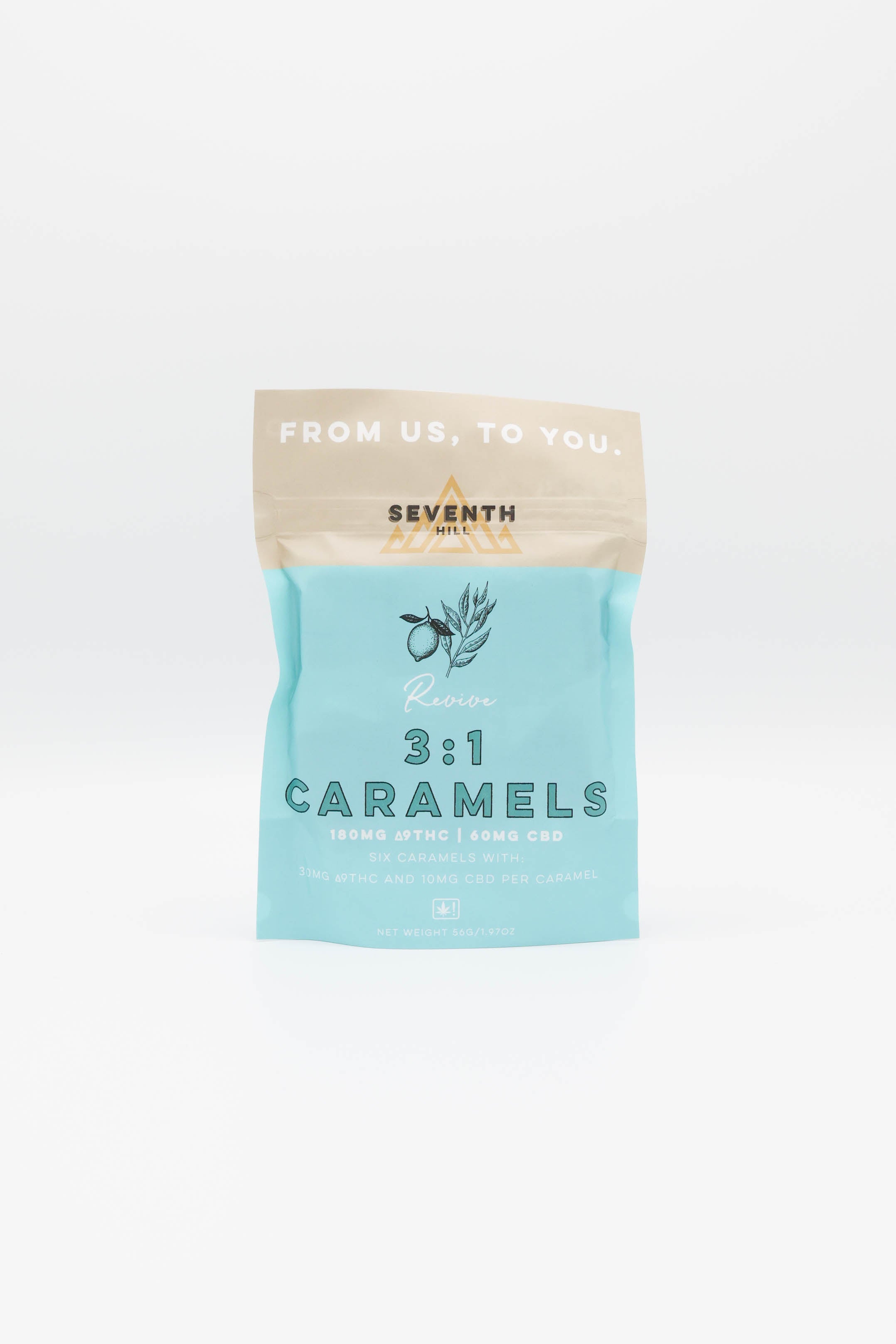 A stand-up pouch of Seventh Hill Revive 3:1 Caramels on a clean white background. The packaging features a light blue lower half with dark teal text and a beige top flap with white text.