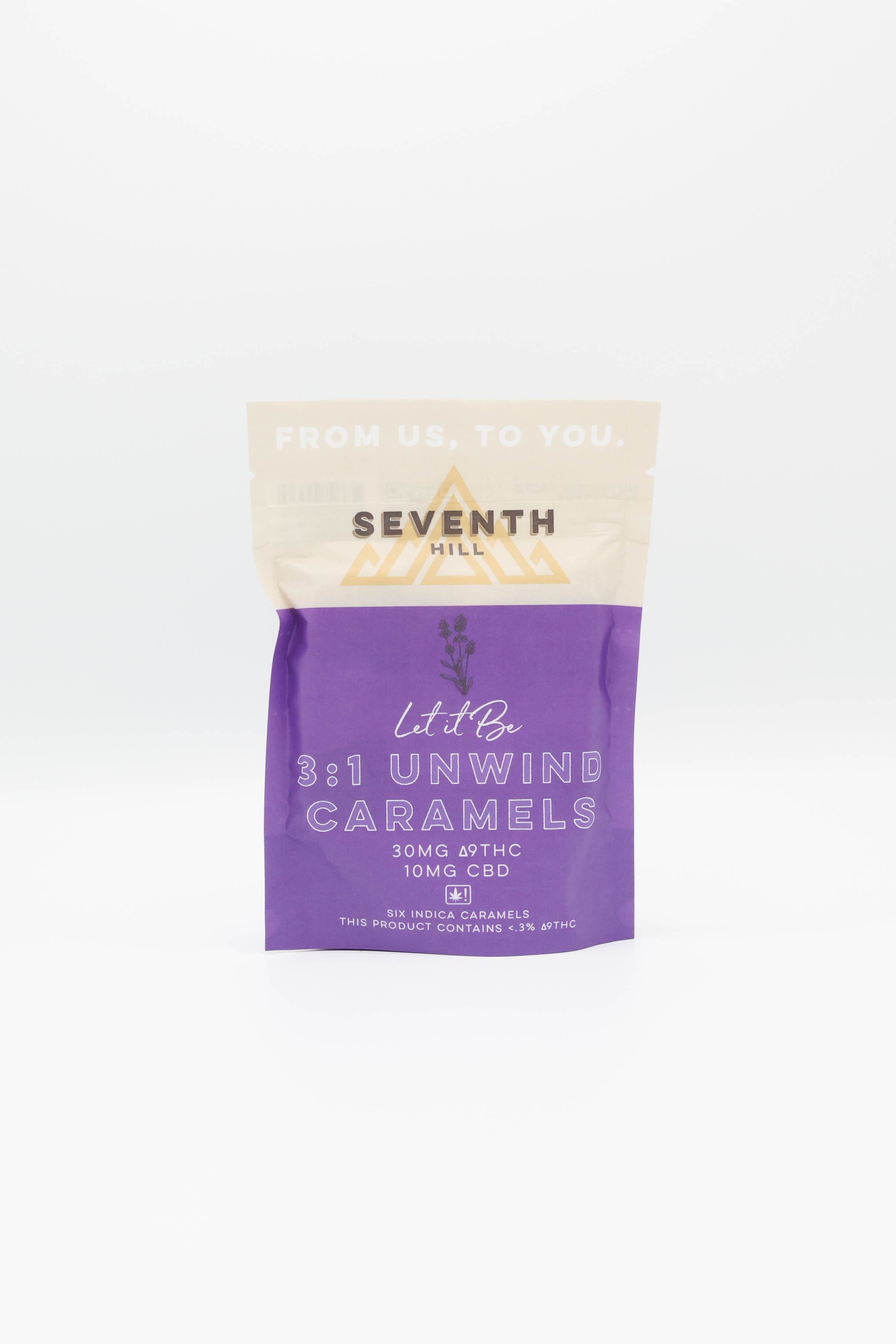 A single stand-up pouch of Seventh Hill 3:1 Unwind Caramels on a plain white background. The packaging is split horizontally into a cream-colored top half with the text 'FROM US, TO YOU'.