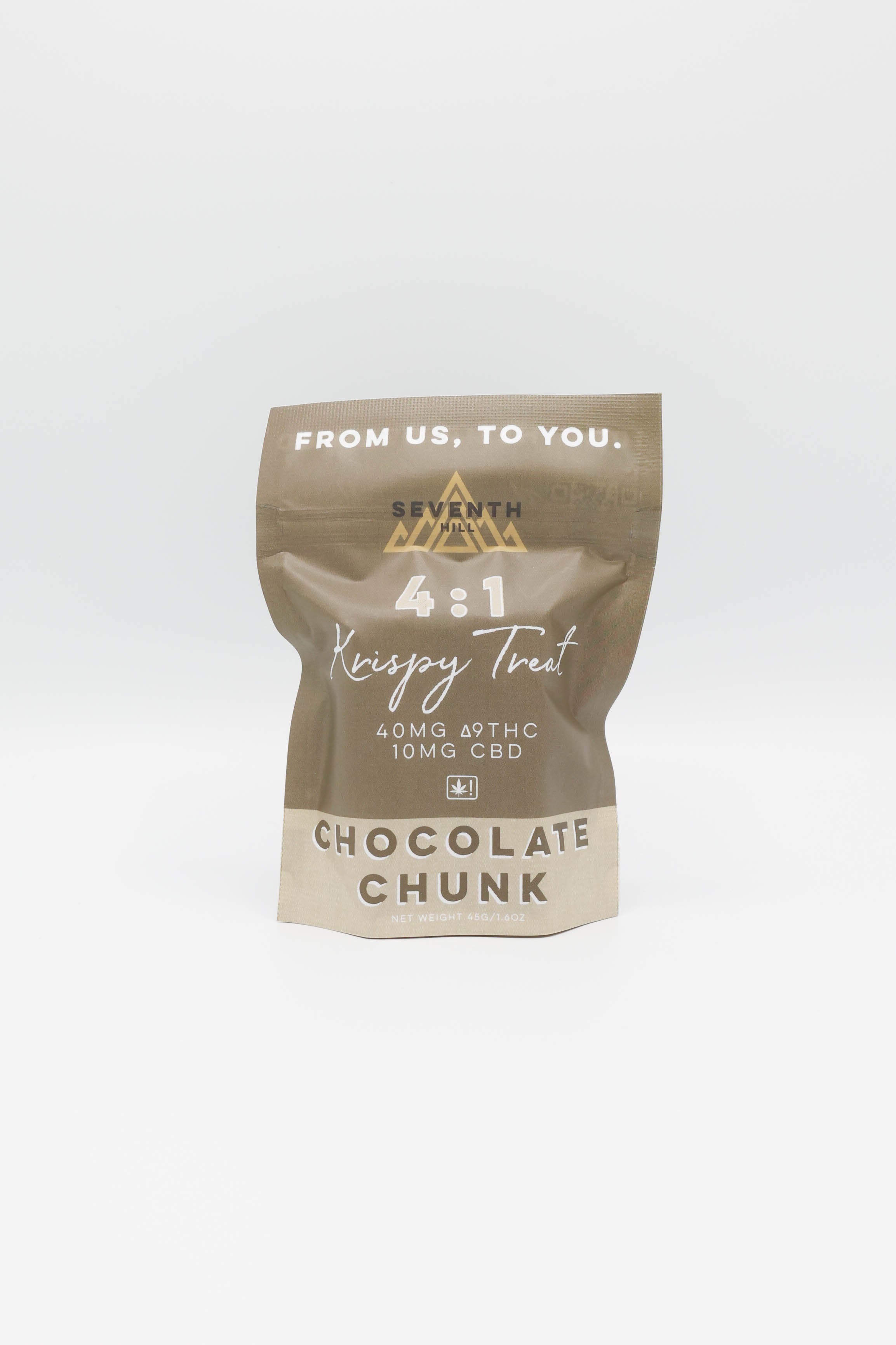 A stand-up pouch of Seventh Hill 4:1 Krispy Treat Chocolate Chunk with 40mg ∆9THC and 10MG CBD, shown on a clean white background.
