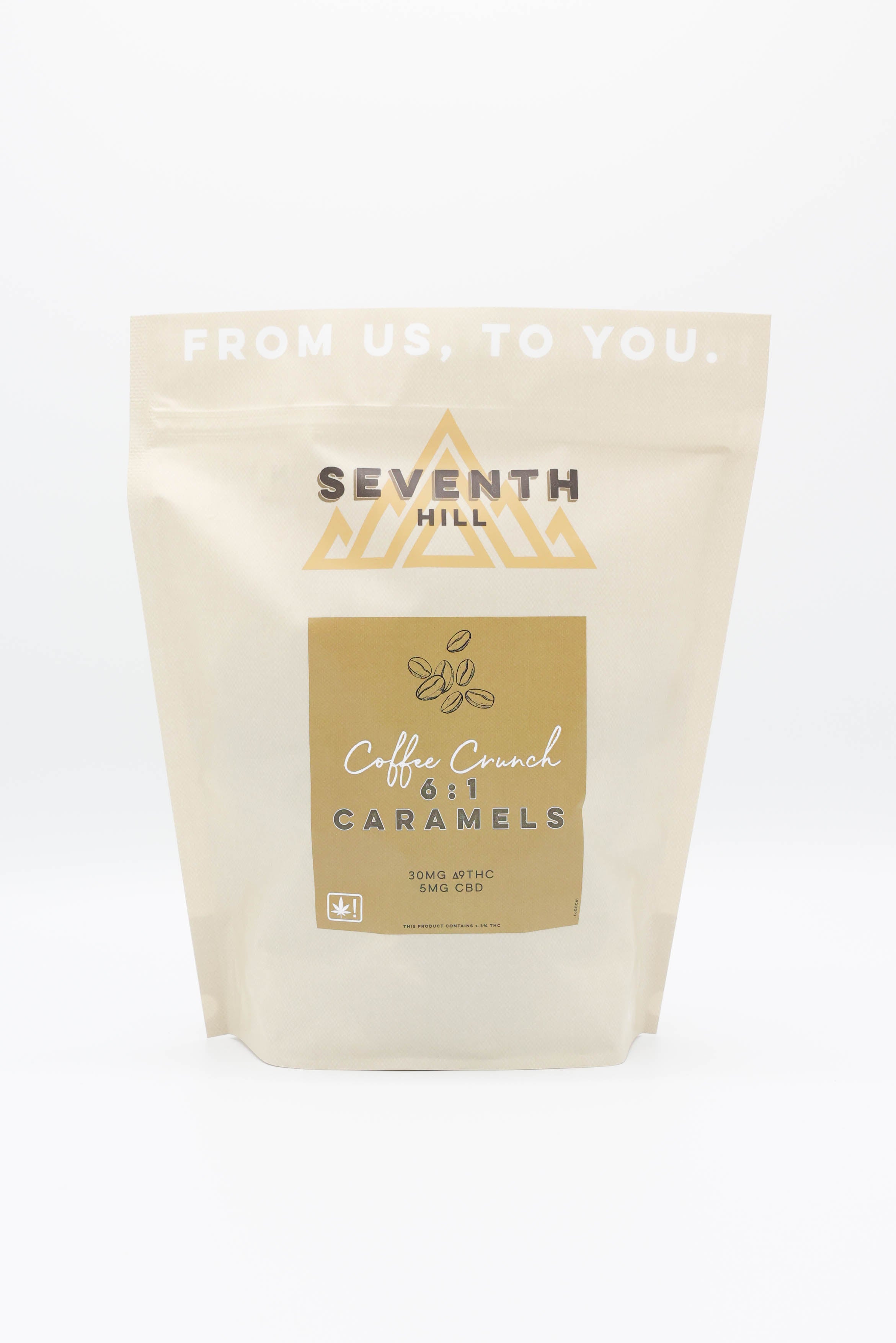 A stand-up pouch of Seventh Hill Coffee Crunch 6:1 Caramels on a clean white background.