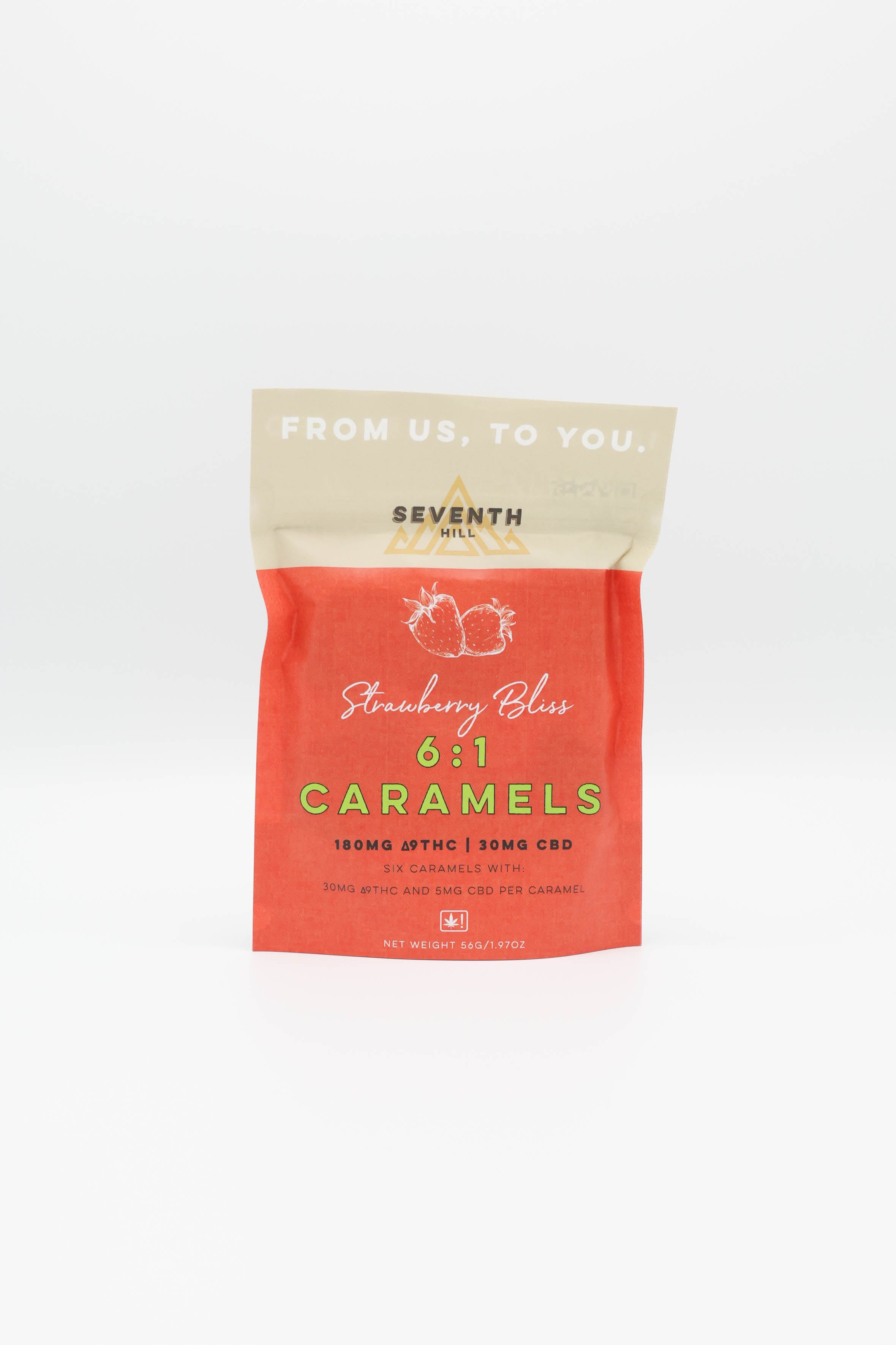 A stand-up pouch of Seventh Hills Strawberry Bliss 6:1 Caramels, featuring a red lower half and a beige top flap with white text, set against a plain white background.