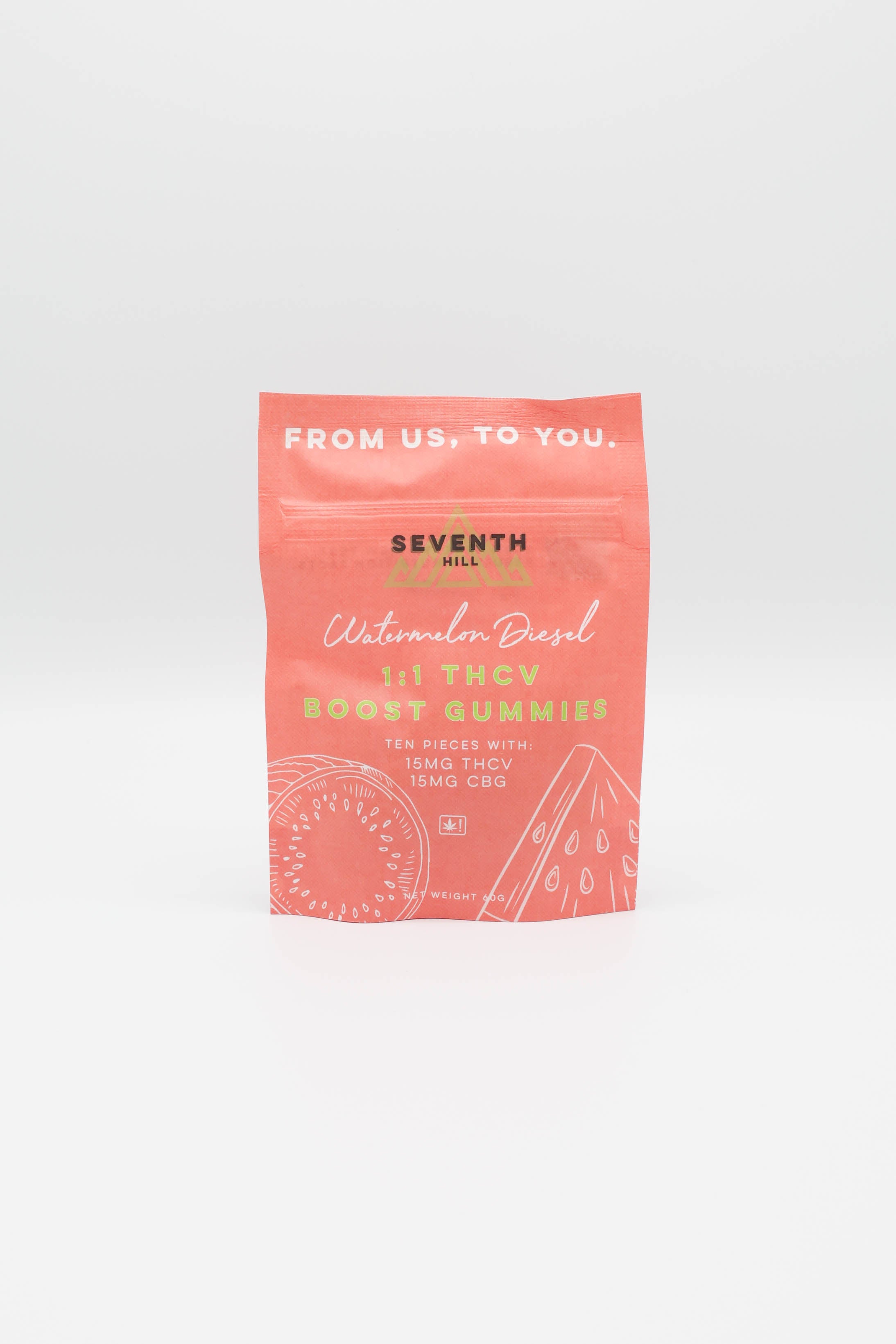 A stand-up pouch of Seventh Hill Watermelon Boost THCv Gummies on a clean white background.