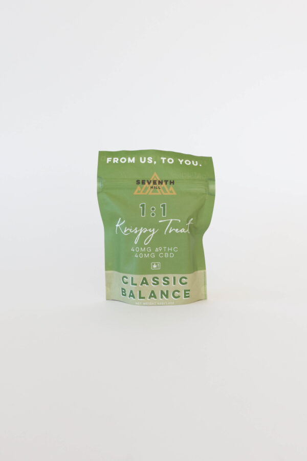 A classic krispy treat made with 40mg ∆9THC and 40mg CBD.
