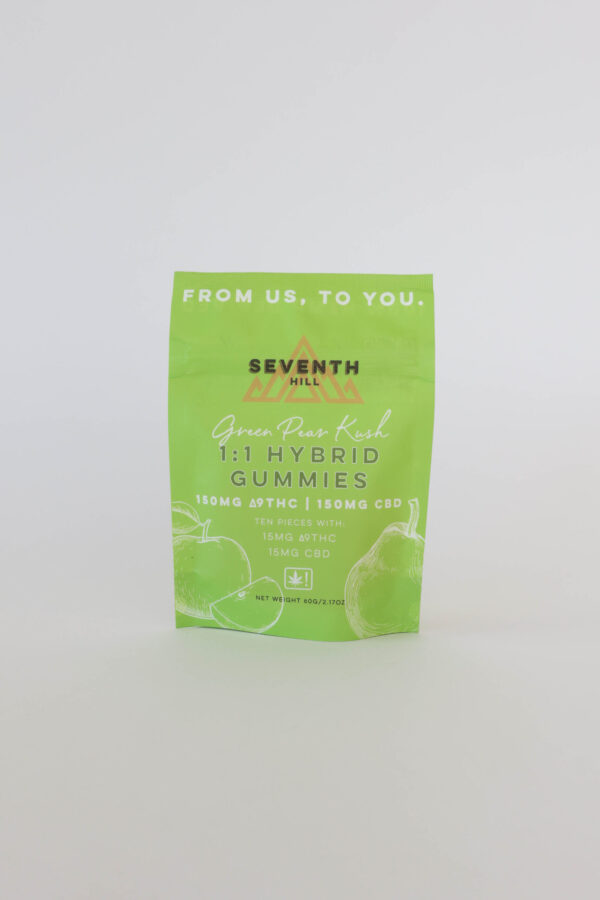A bag of pear flavored gummies with 15mg ∆9THC and 15mg CBD per piece plus a hybrid terpene profile. This bag comes with 10 pieces.