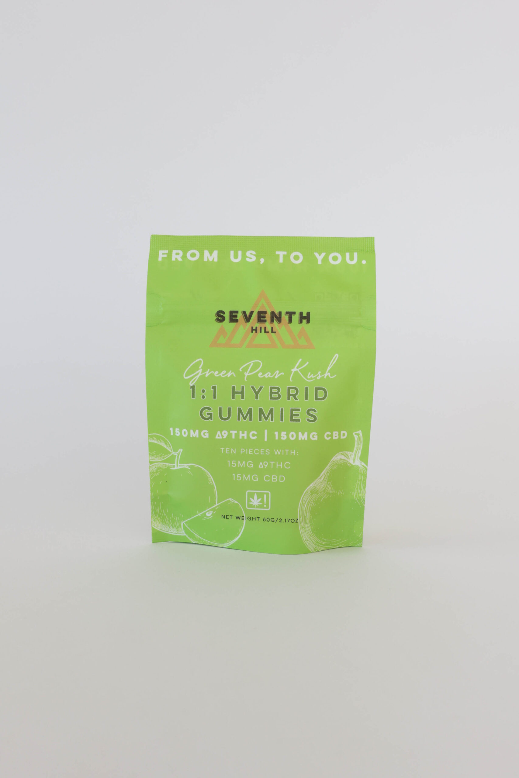 A bag of pear flavored gummies with 15mg ∆9THC and 15mg CBD per piece plus a hybrid terpene profile. This bag comes with 10 pieces.
