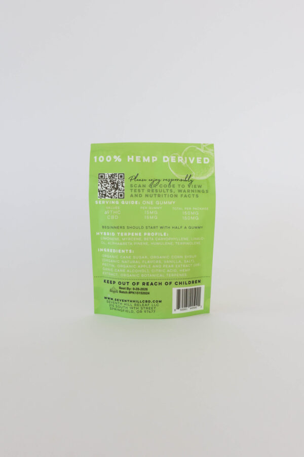 A bag of pear flavored gummies with 15mg ∆9THC and 15mg CBD per piece plus a hybrid terpene profile. This bag comes with 10 pieces.