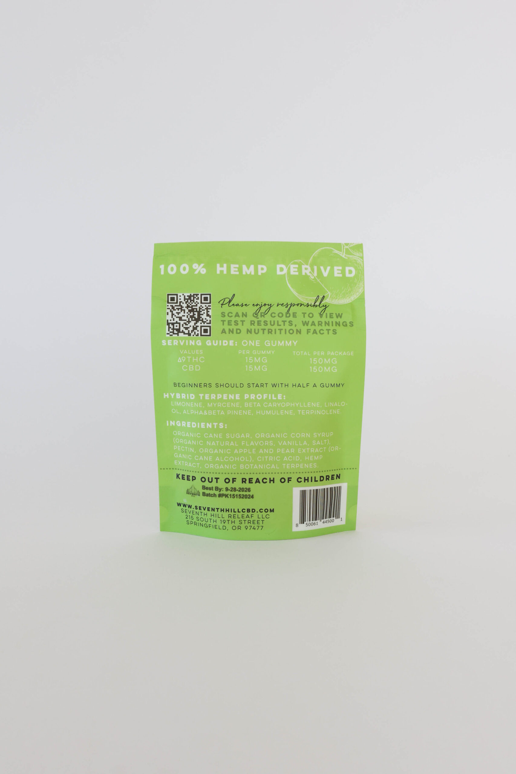 A bag of pear flavored gummies with 15mg ∆9THC and 15mg CBD per piece plus a hybrid terpene profile. This bag comes with 10 pieces.
