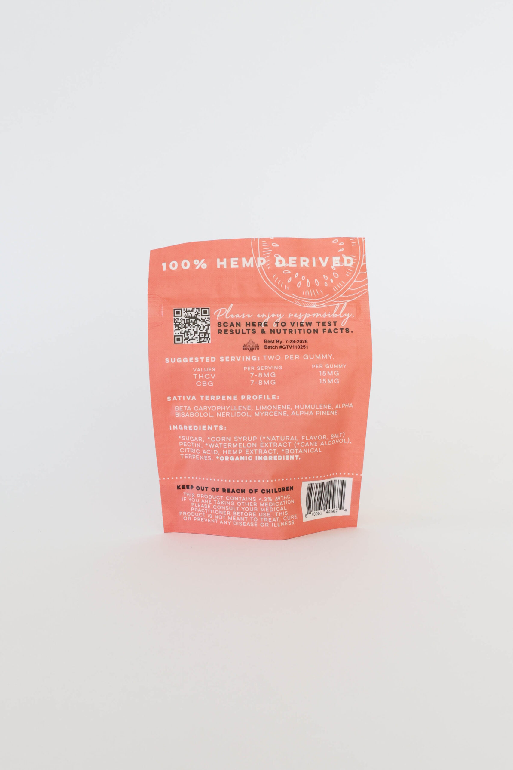 A bag of watermelon flavored gummies with 15mg THCv and 15mg CBG per piece plus a sativa terpene profile. This bag comes with 10 pieces.