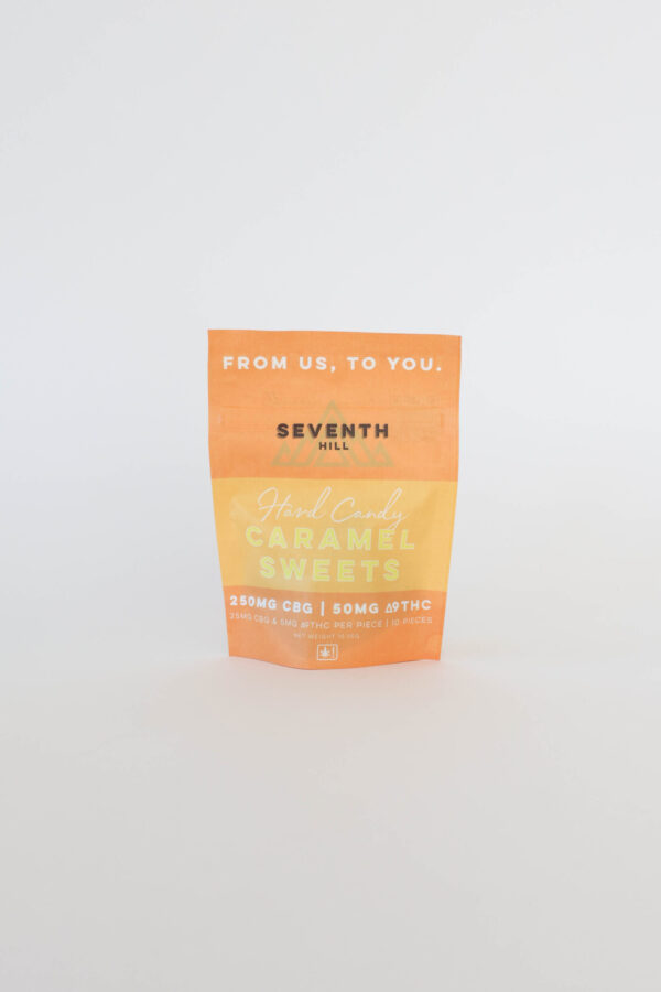 A hard candy caramel made with 25mg CBG and 5mg ∆9THC per piece. This bag comes with 10 pieces.