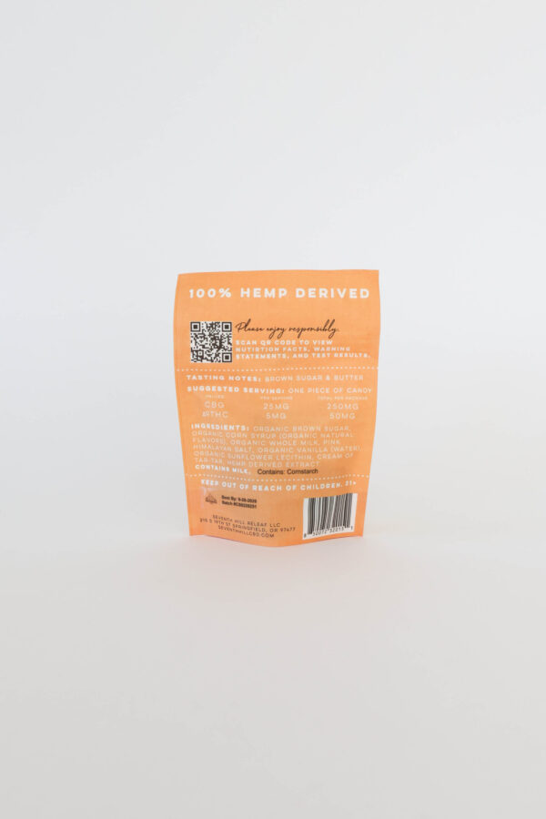A hard candy caramel made with 25mg CBG and 5mg ∆9THC per piece. This bag comes with 10 pieces.