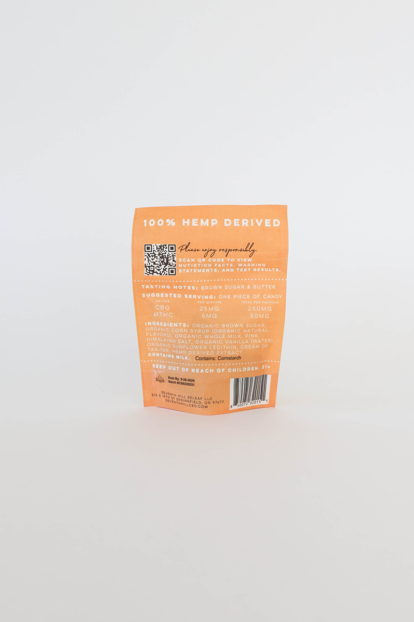 A hard candy caramel made with 25mg CBG and 5mg ∆9THC per piece. This bag comes with 10 pieces.