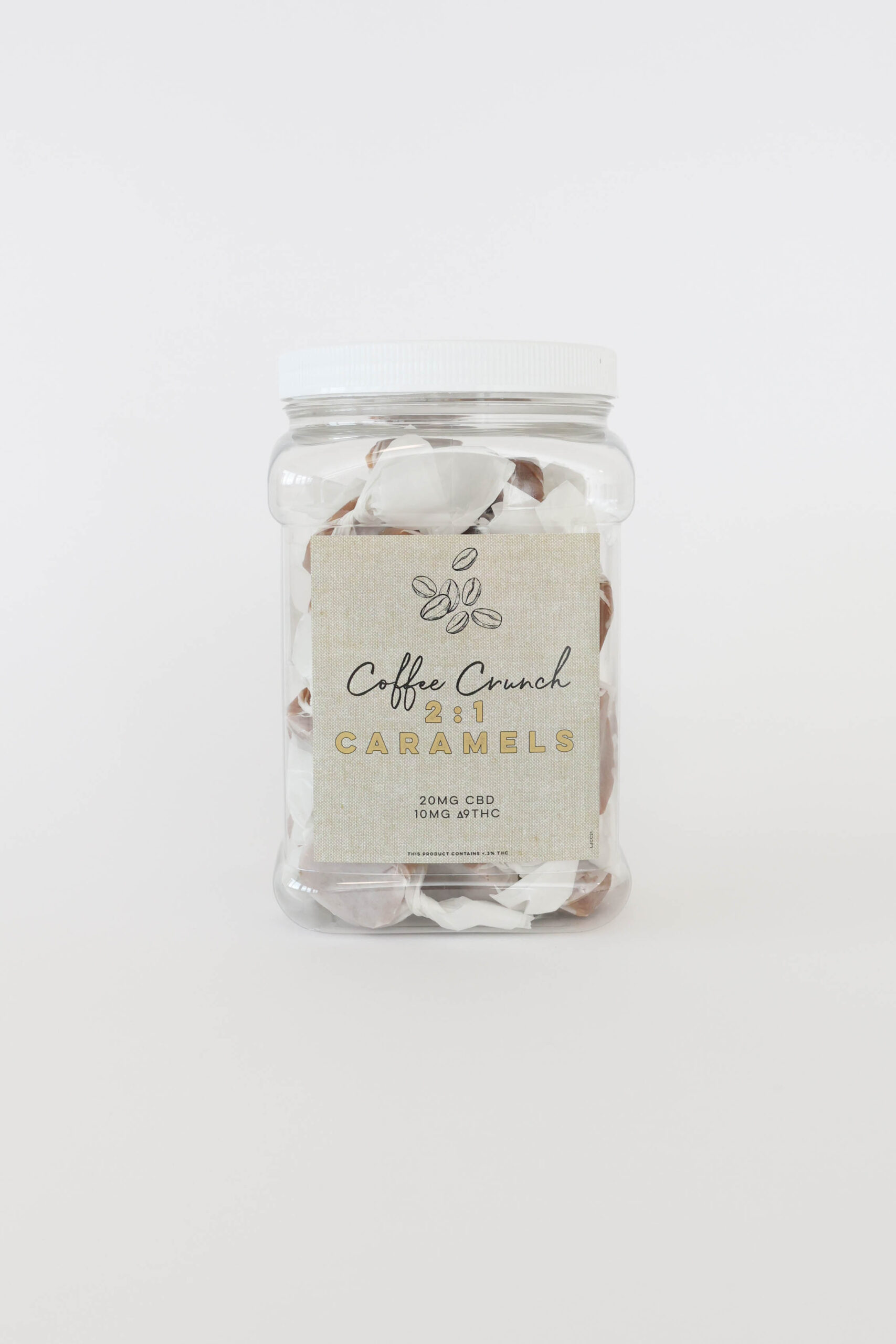 A classic caramel with ground coffee beans with 20mg CBD and 10mg ∆9THC per piece. This jar comes with twenty or forty pieces.