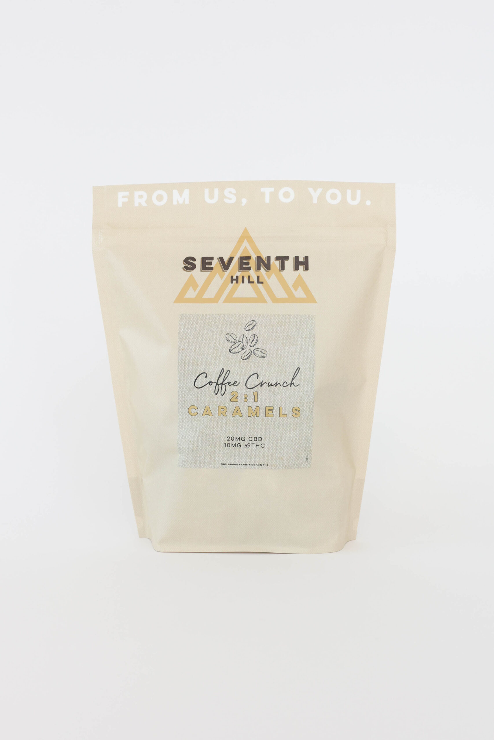 A classic caramel with ground coffee beans with 20mg CBD and 10mg ∆9THC per piece. This bag contains twenty or forty pieces.