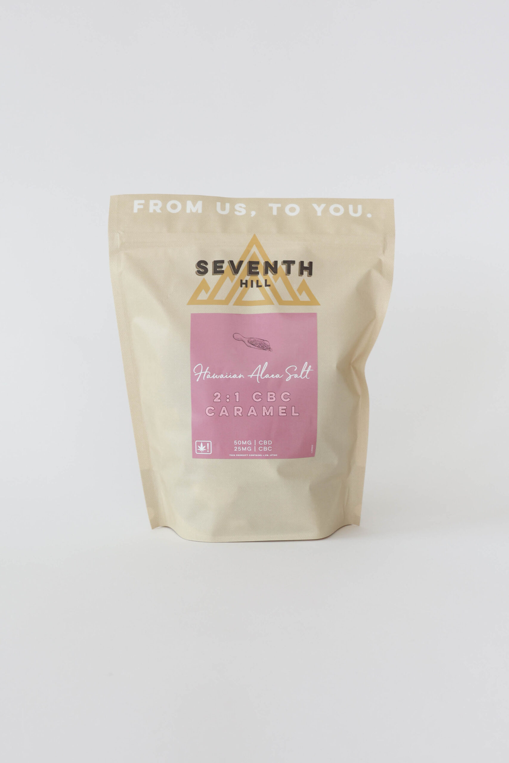 A salted caramel with 50mg CBD and 25mg CBC per piece. This bag comes with twenty or forty pieces.