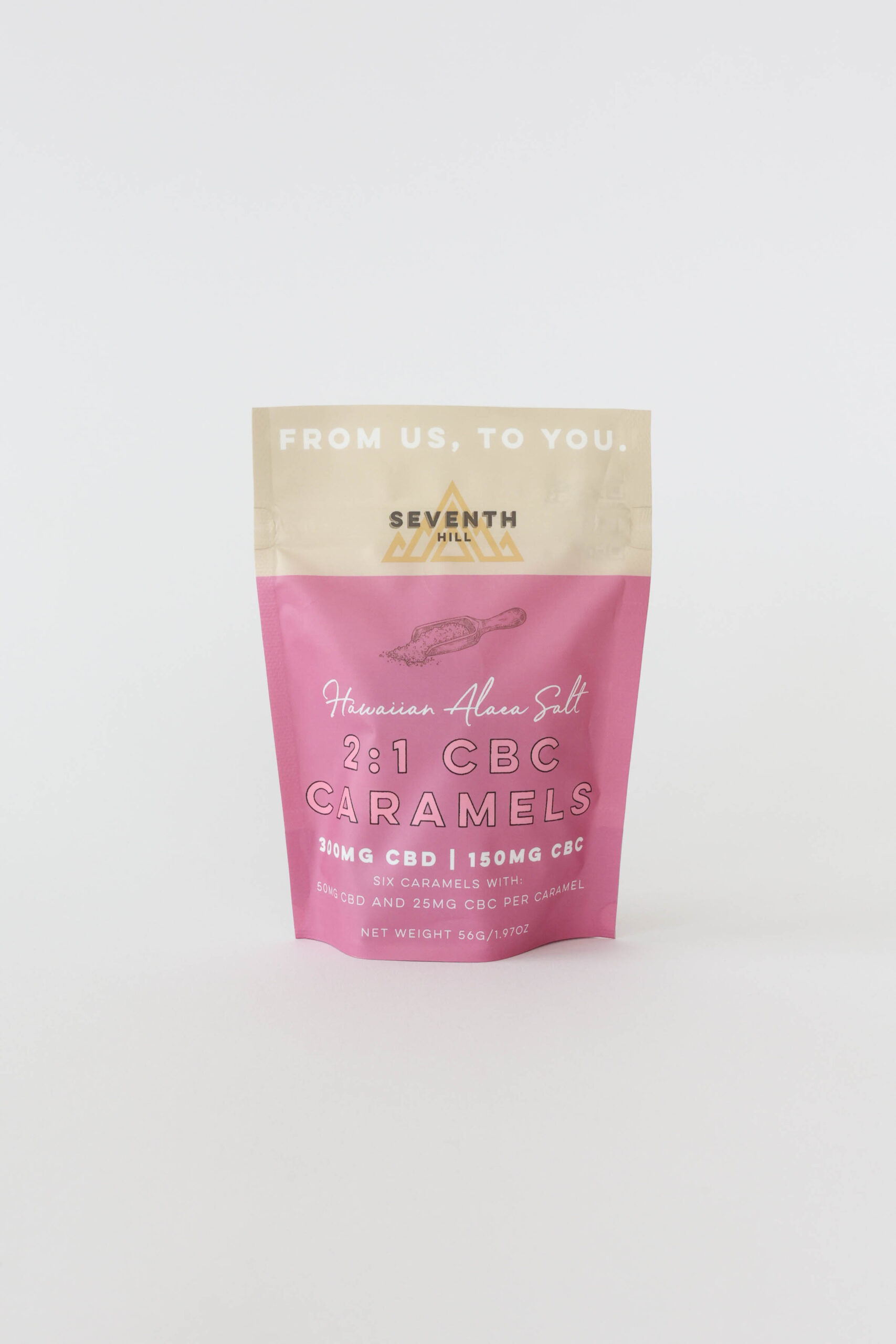 A salted caramel with 50mg CBD and 25mg CBC per piece. This bag comes with six pieces.