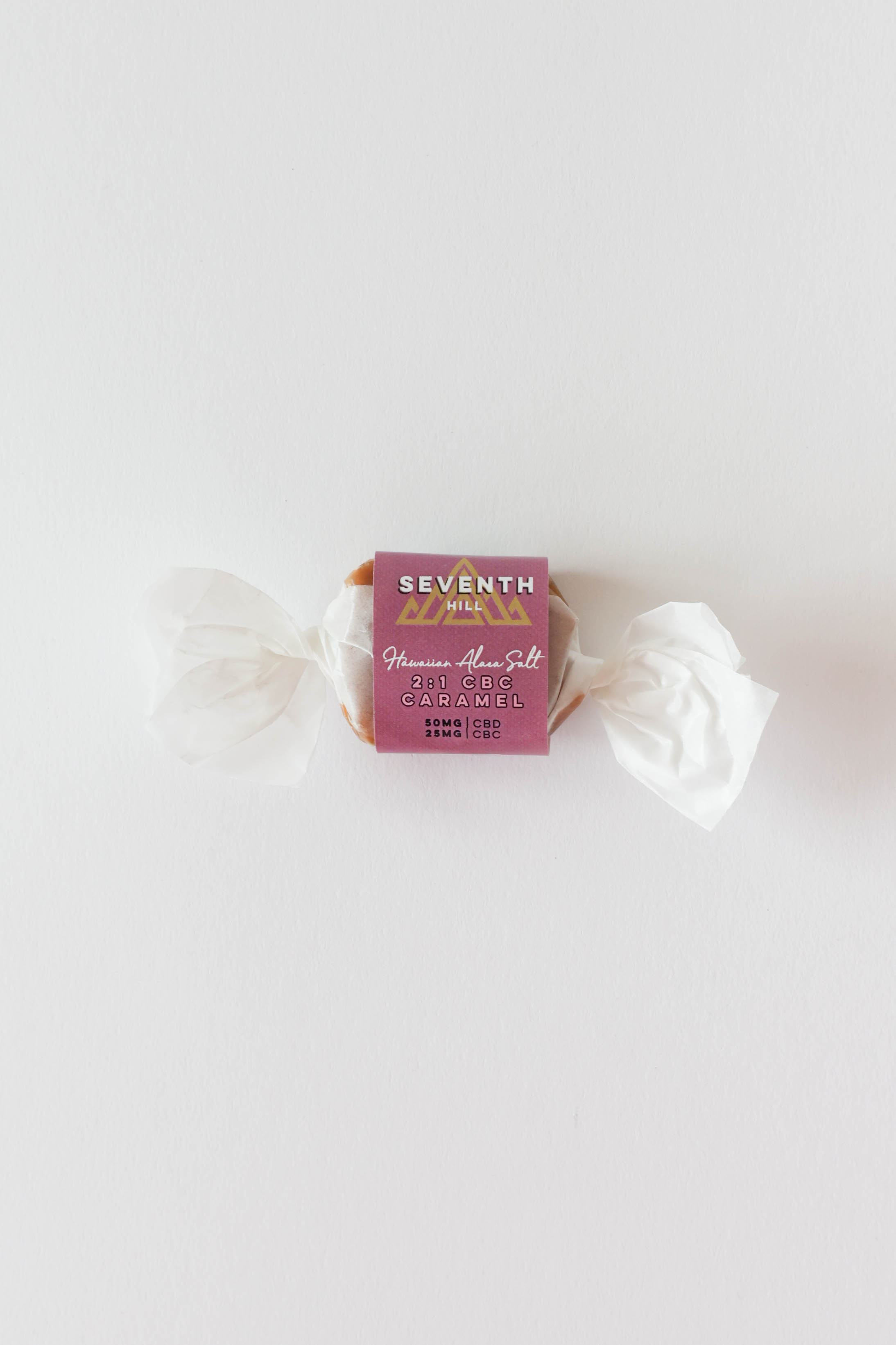A salted caramel with 50mg CBD and 25mg CBC per piece.