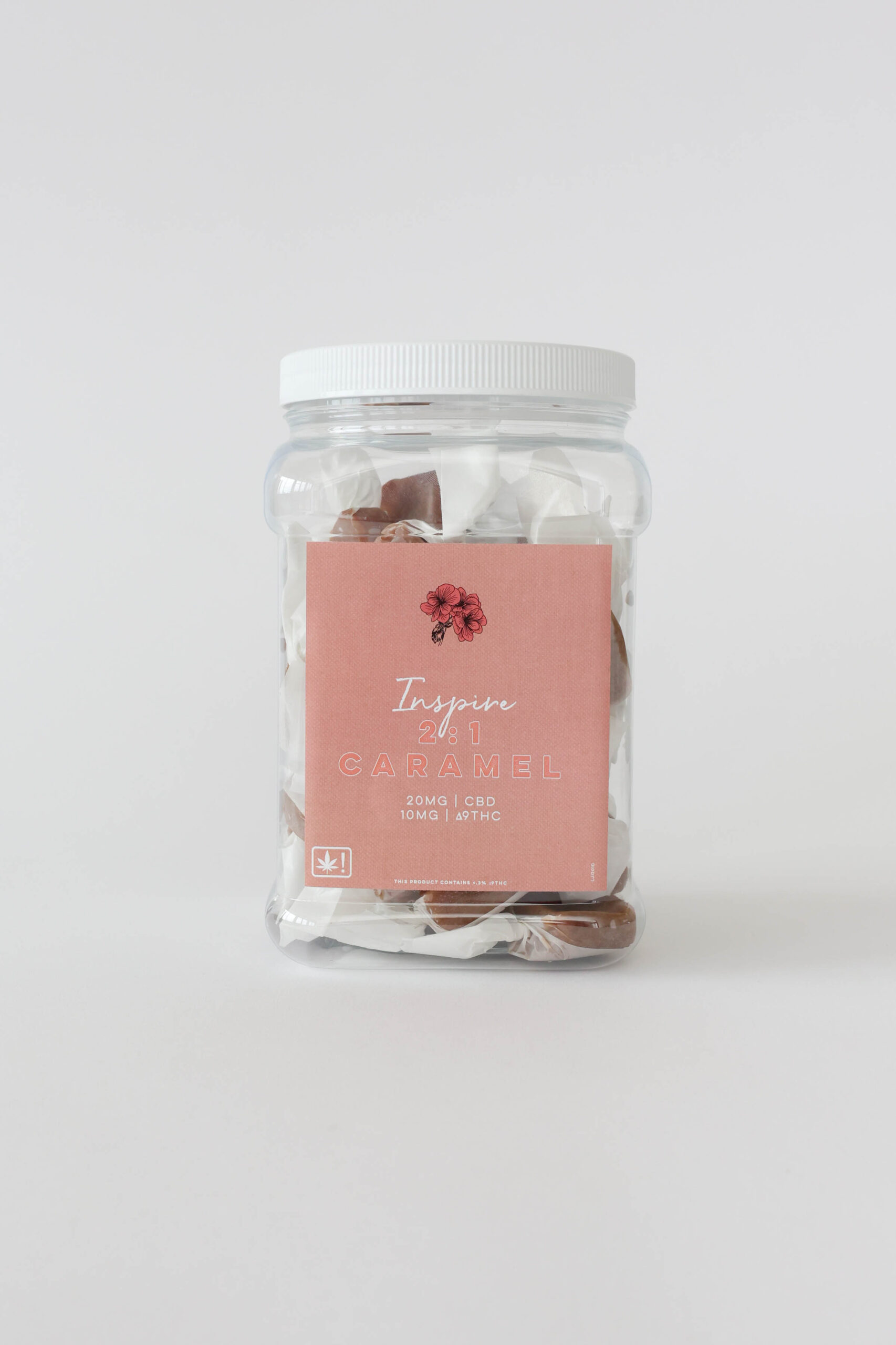 A hybrid caramel with 20mg CBD and 10mg ∆9THC per piece. This jar comes with twenty or forty pieces.