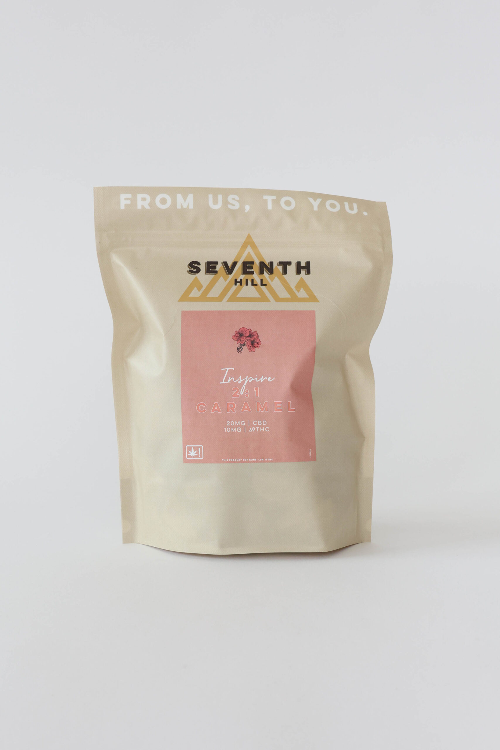 A hybrid caramel with 20mg CBD and 10mg ∆9THC per piece. This bag comes with twenty or forty pieces.