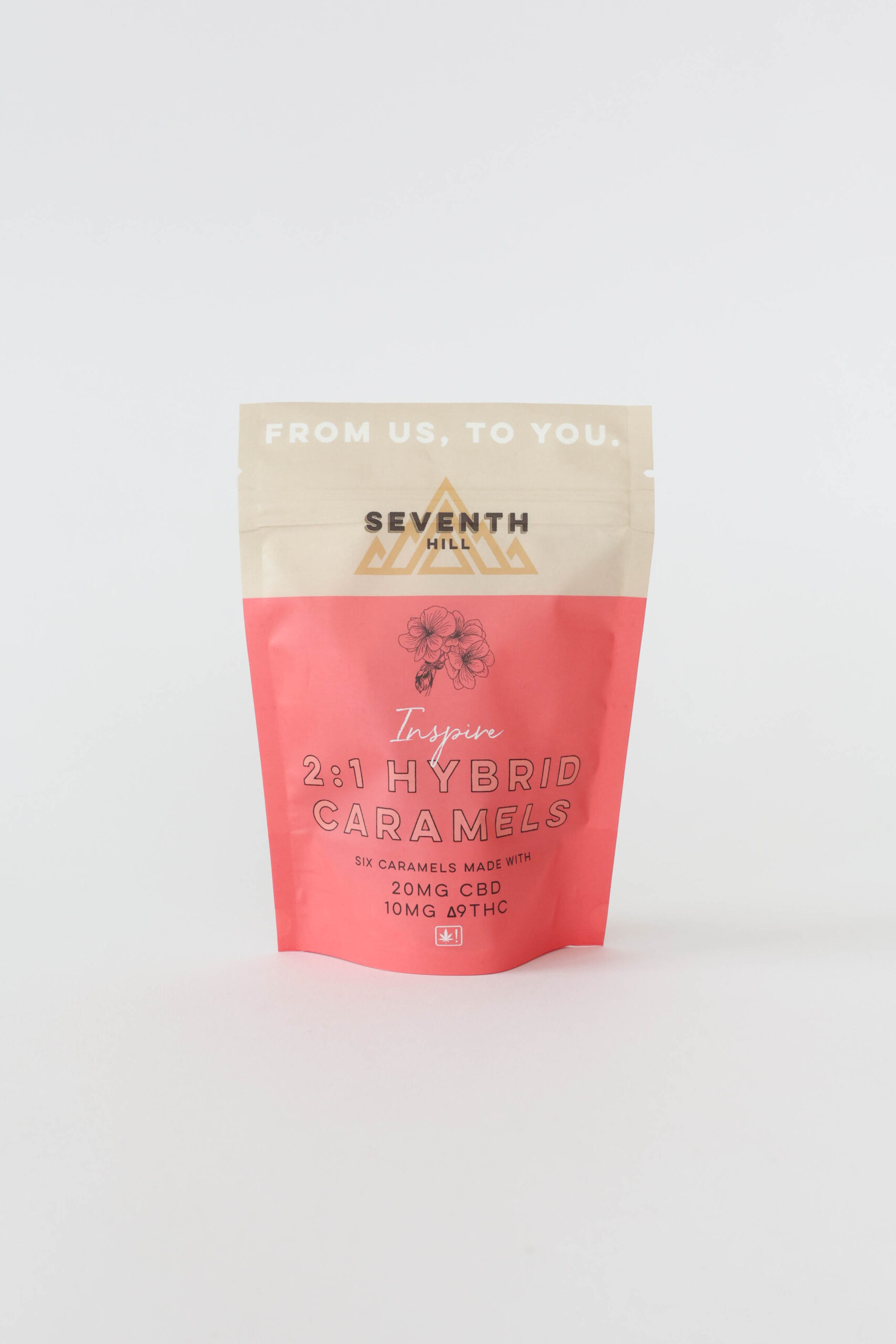 A hybrid caramel with 20mg CBD and 10mg ∆9THC per piece. This bag comes with six pieces.
