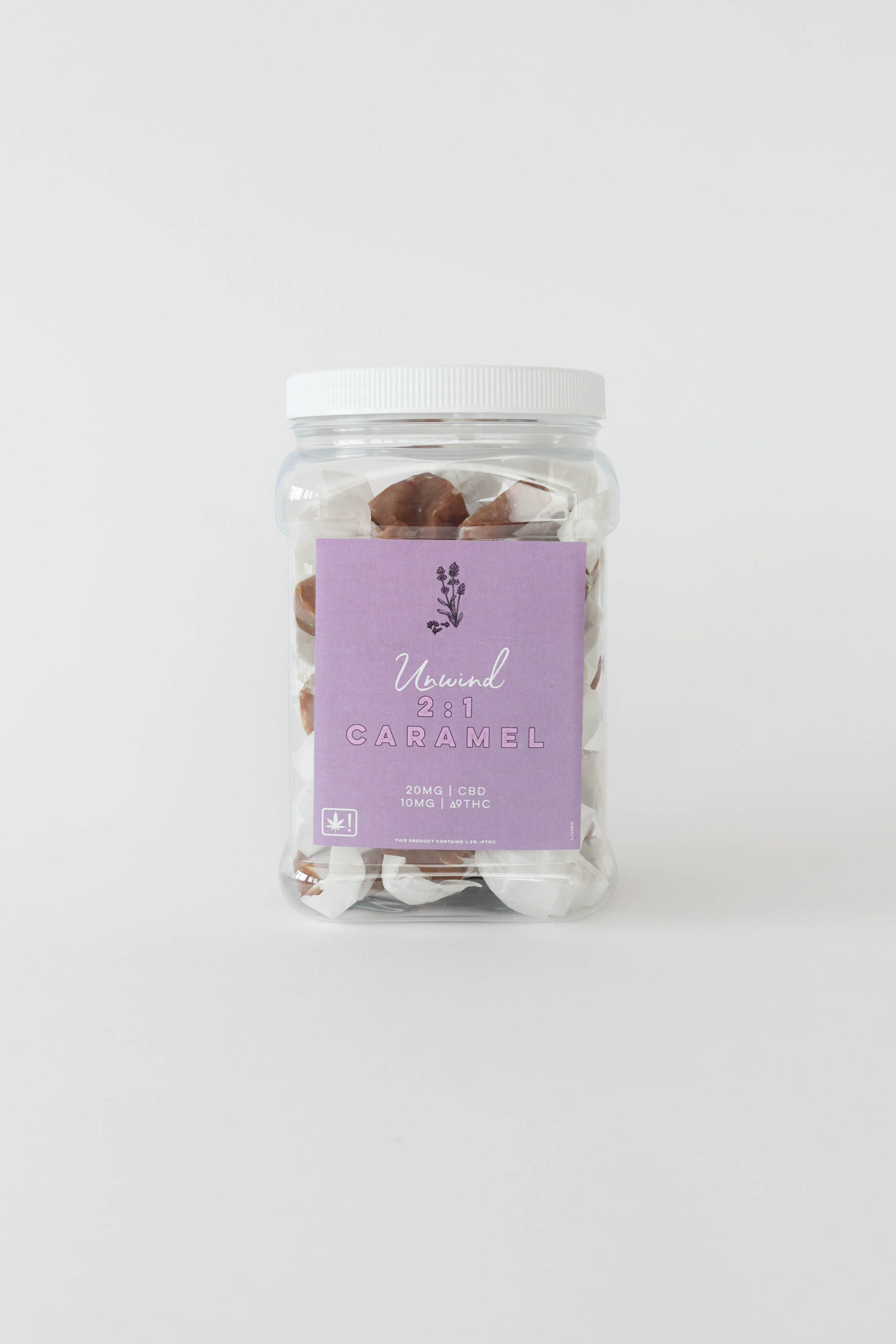 An indica caramel with 20mg CBD and 10mg ∆9THC per piece. This jar comes with twenty or forty pieces.