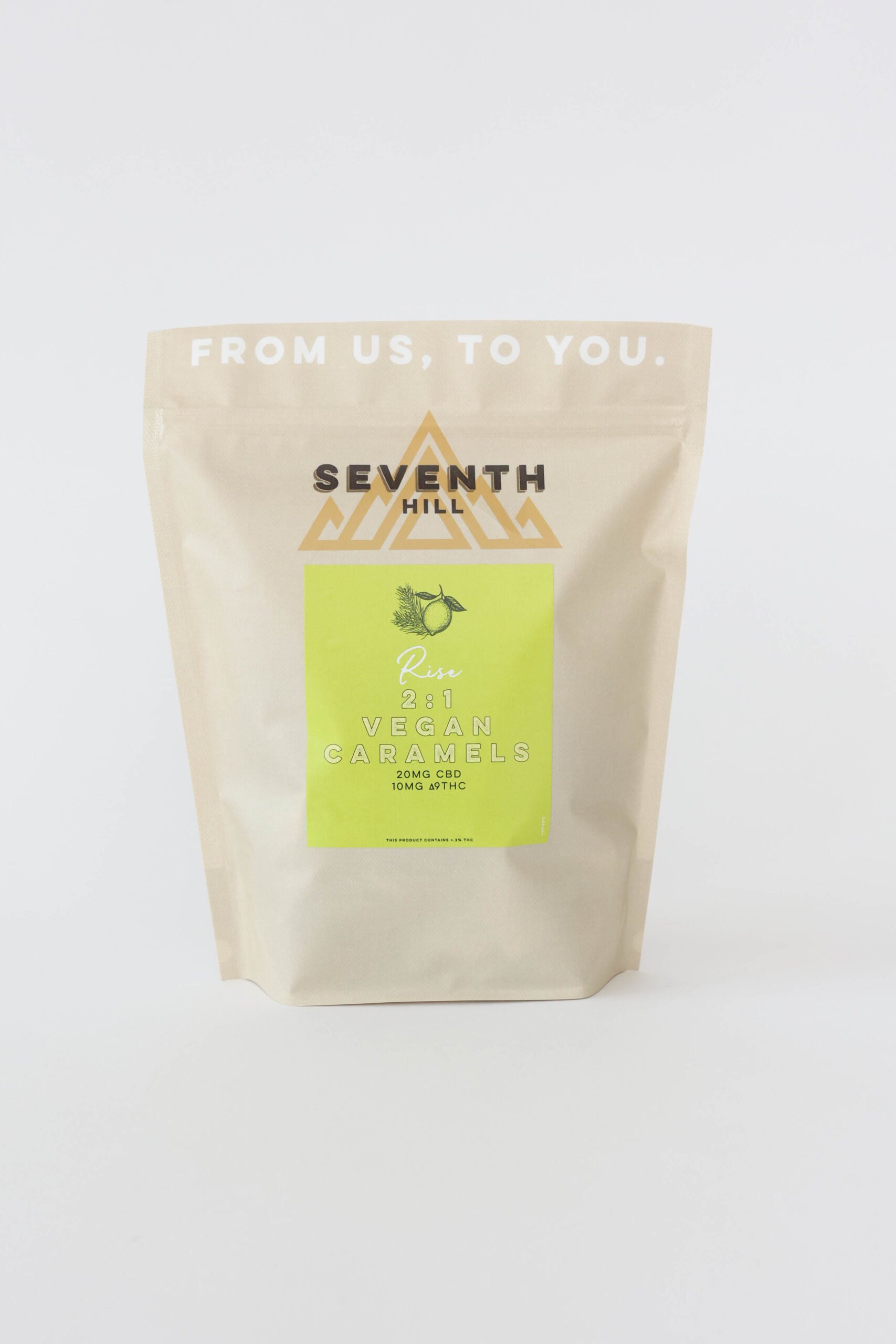 A vegan sativa caramel with 20mg CBD and 10mg ∆9THC per piece. This bag comes with twenty or forty pieces