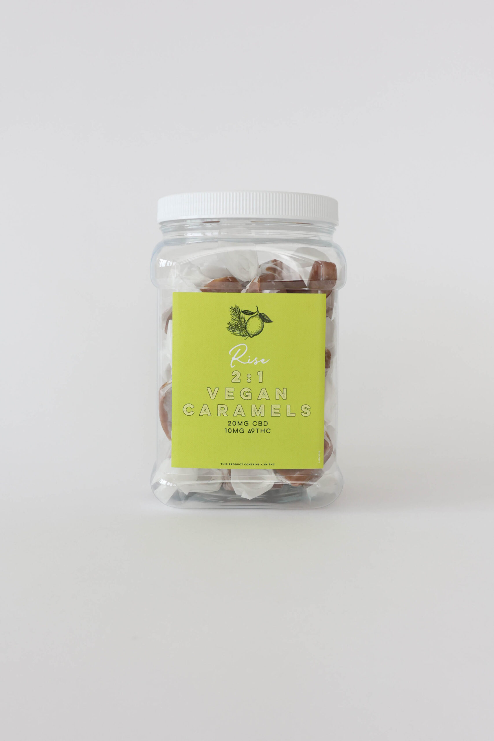 A vegan sativa caramel with 20mg CBD and 10mg ∆9THC per piece. This jar comes with twenty or forty pieces