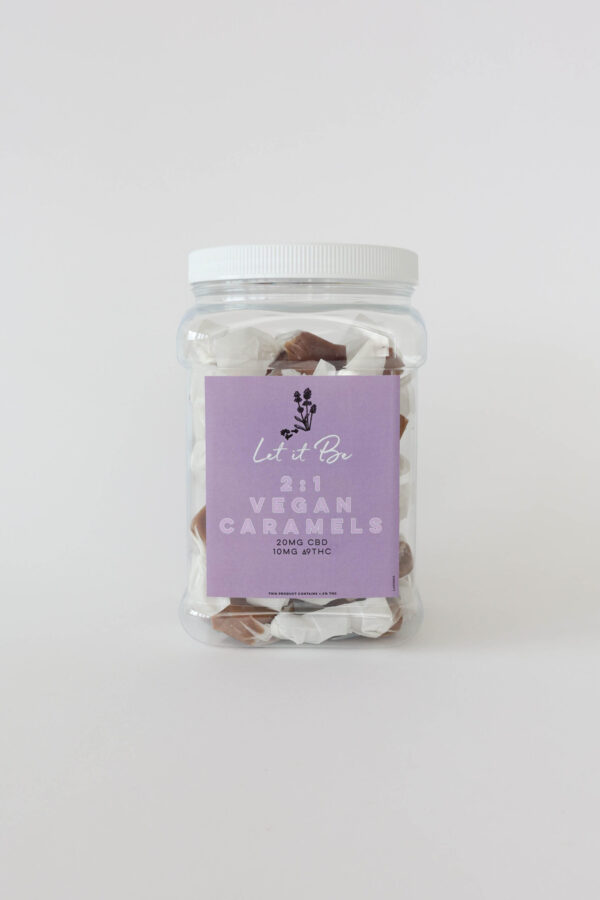 A vegan indica caramel with 20mg CBD and 10mg ∆9THC per piece. This jar comes with twenty or forty pieces
