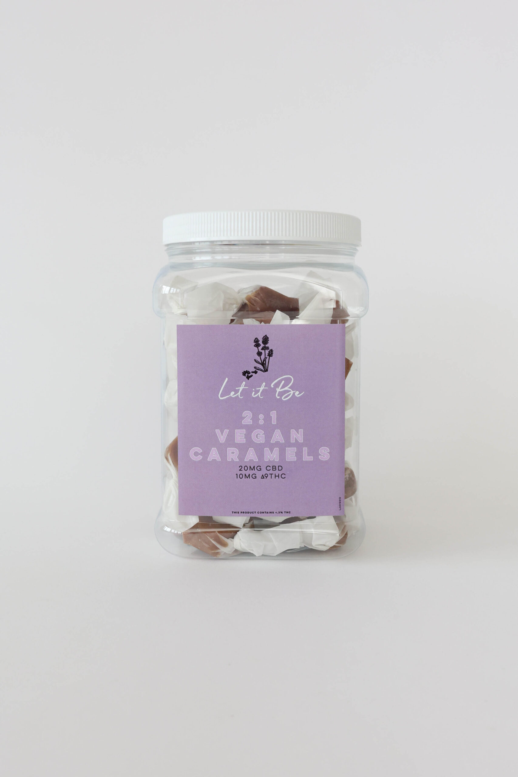 A vegan indica caramel with 20mg CBD and 10mg ∆9THC per piece. This jar comes with twenty or forty pieces