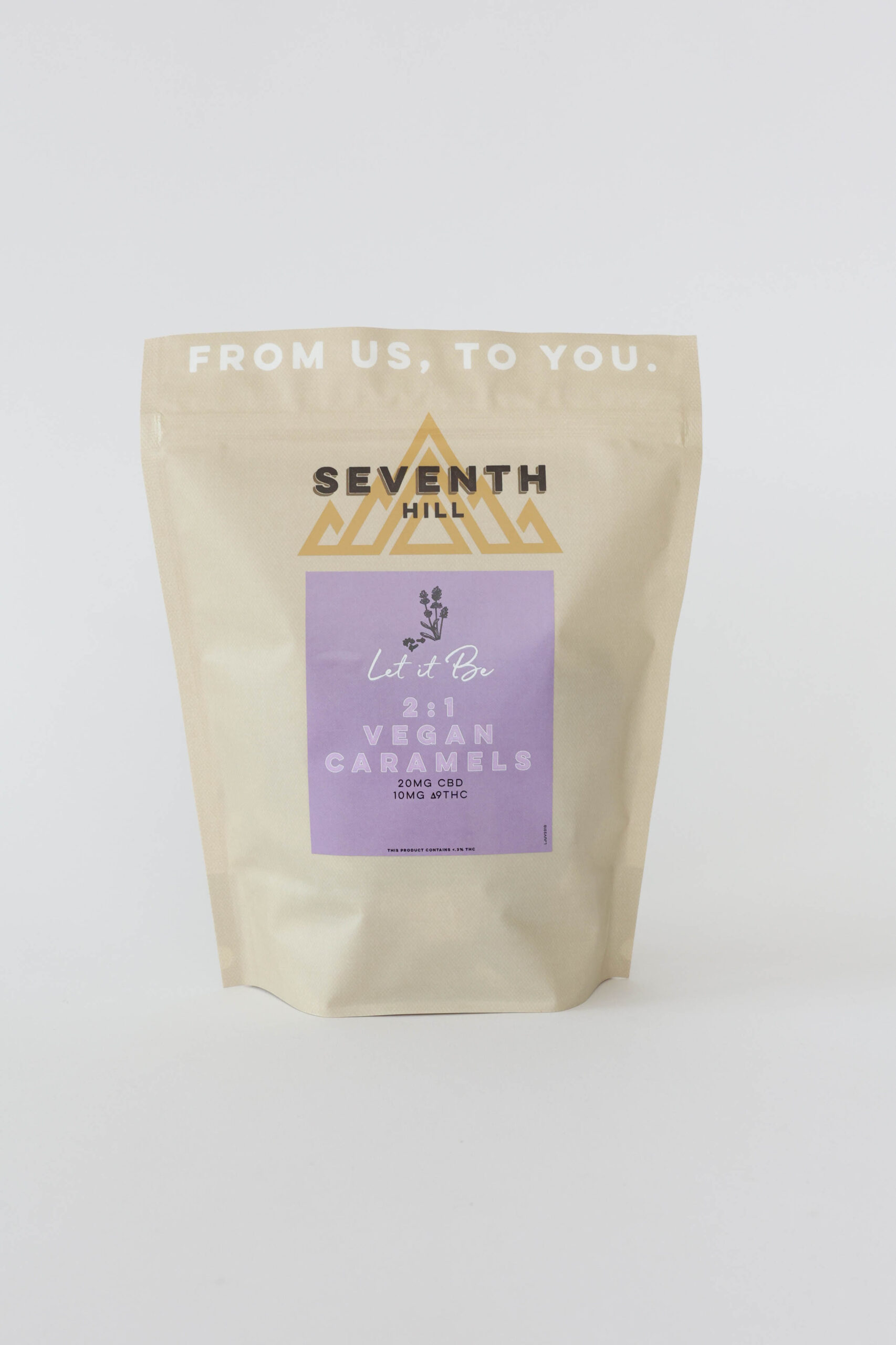 A vegan indica caramel with 20mg CBD and 10mg ∆9THC per piece. This bag comes with twenty or forty pieces.
