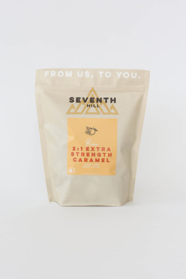 A sativa caramel with 40mg CBD and 20mg ∆9THC per piece. This bag comes with twenty or forty pieces.