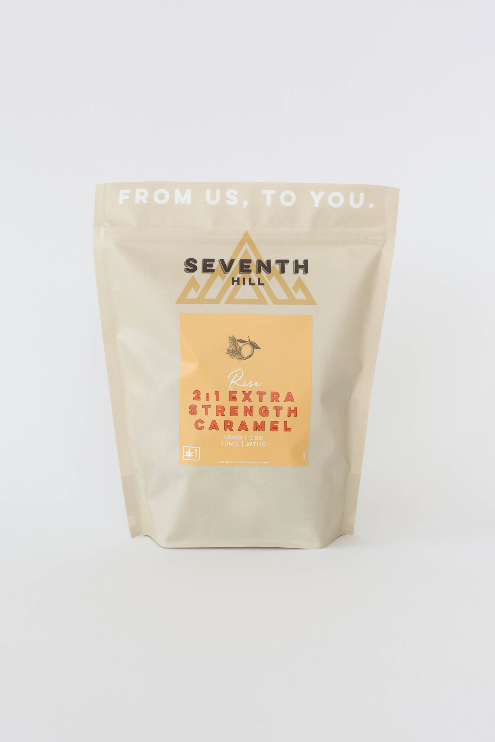 A sativa caramel with 40mg CBD and 20mg ∆9THC per piece. This bag comes with twenty or forty pieces.