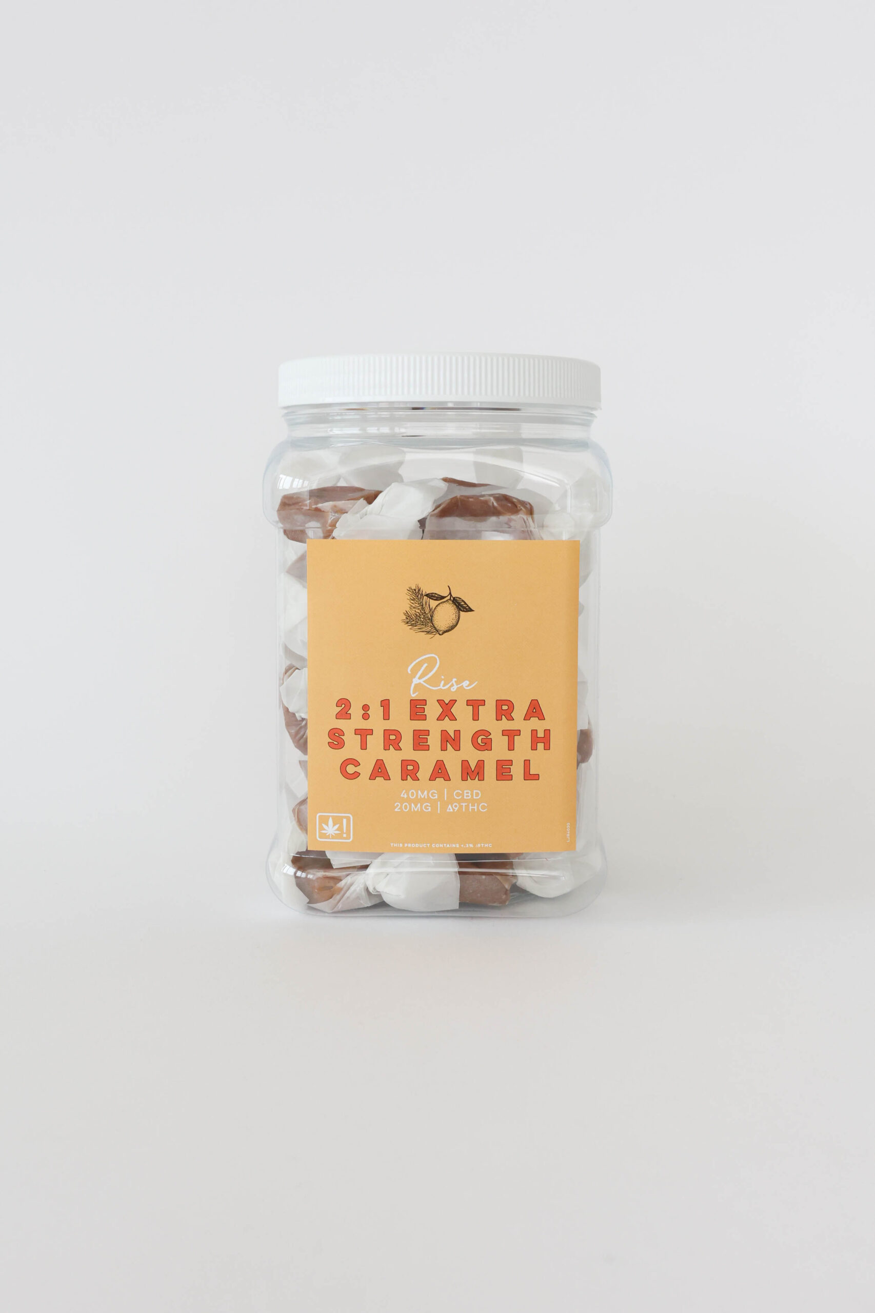 A sativa caramel with 40mg CBD and 20mg ∆9THC per piece. This jar comes with twenty or forty pieces.