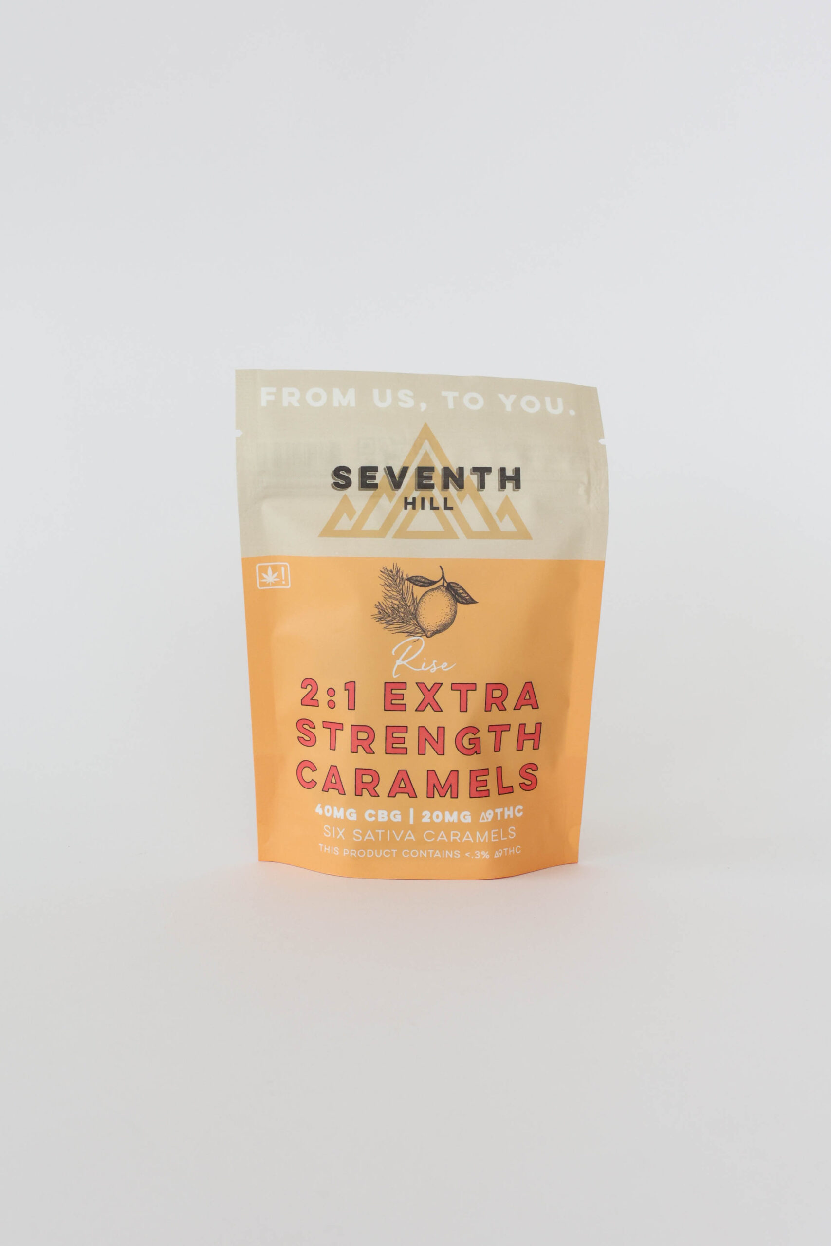 A sativa caramel with 40mg CBD and 20mg ∆9THC per piece. This bag comes with six pieces.