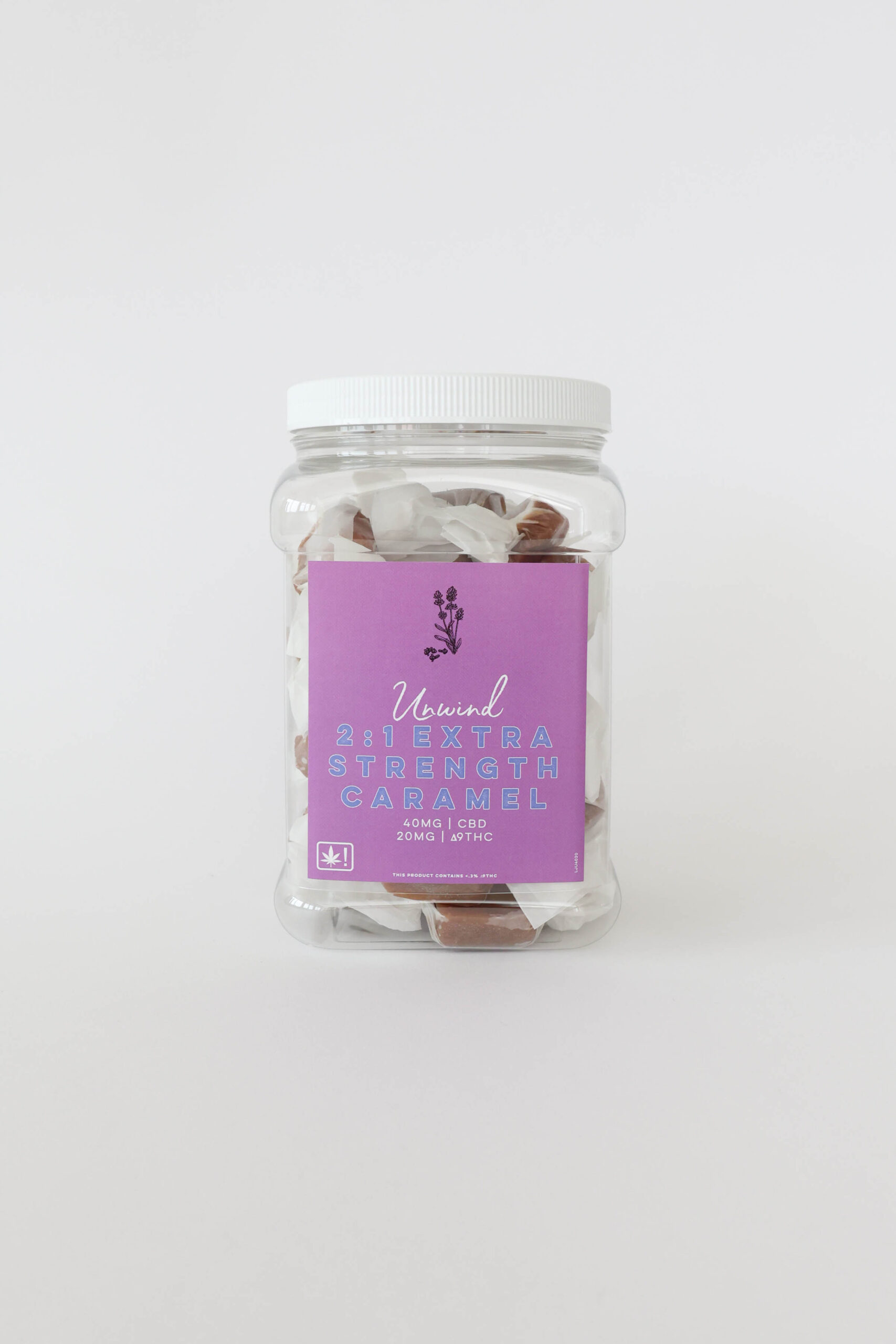 An indica caramel with 40mg CBD and 20mg ∆9THC per piece. This jar comes with twenty or forty pieces.