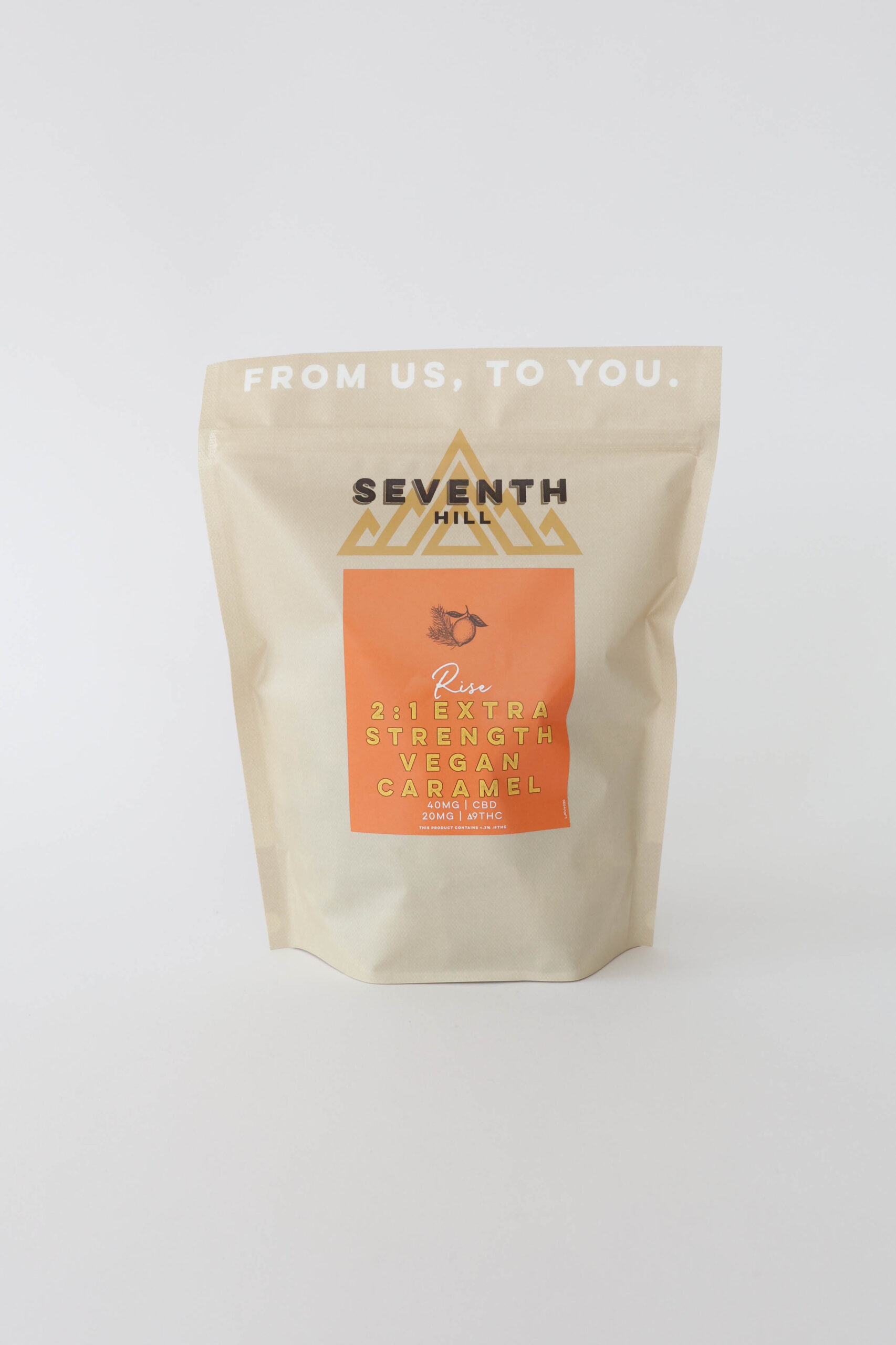 A vegan sativa caramel with 40mg CBD and 20mg ∆9THC per piece. This bag comes with twenty or forty pieces.