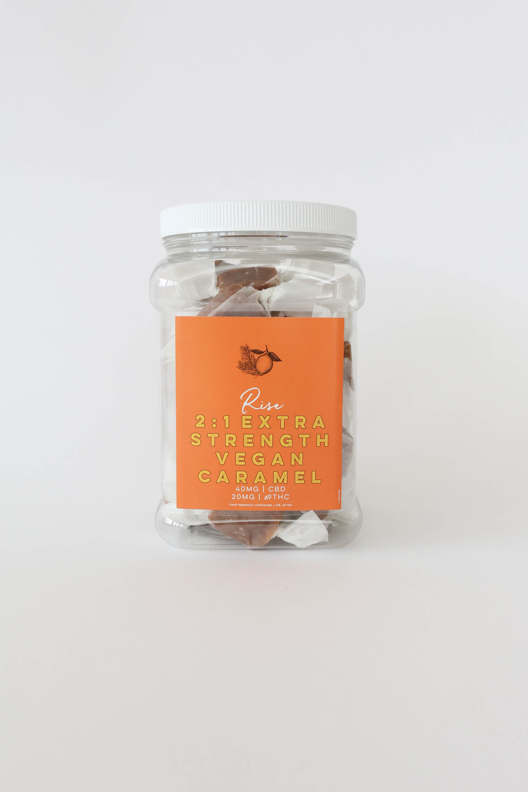A vegan sativa caramel with 40mg CBD and 20mg ∆9THC per piece. This jar comes with twenty or forty pieces.