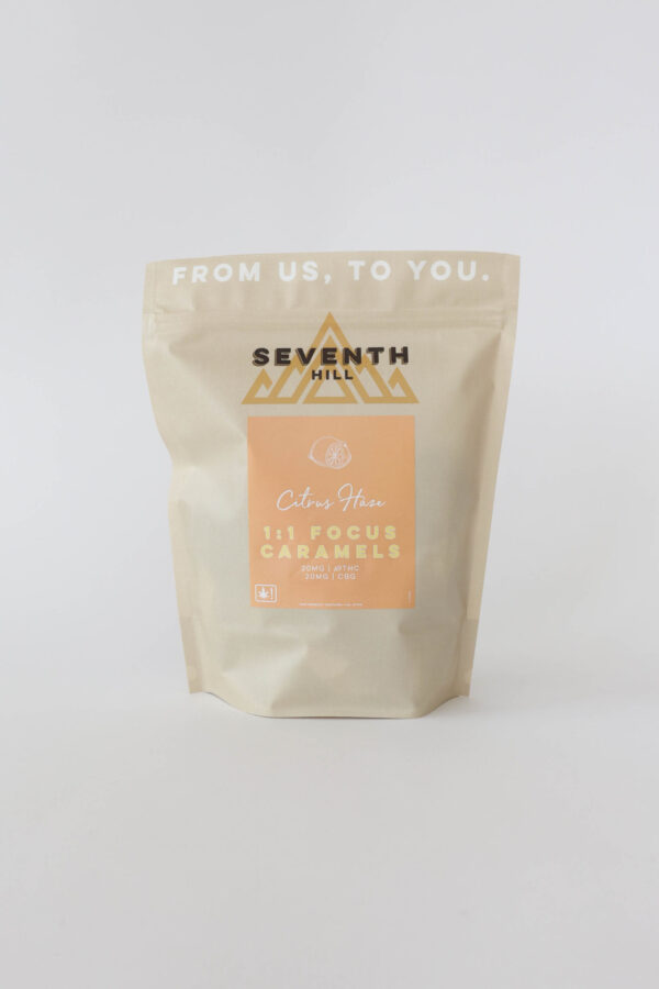 A sativa caramel with 20mg ∆9THC and 20mg CBG per piece. This bag comes with twenty or forty pieces.