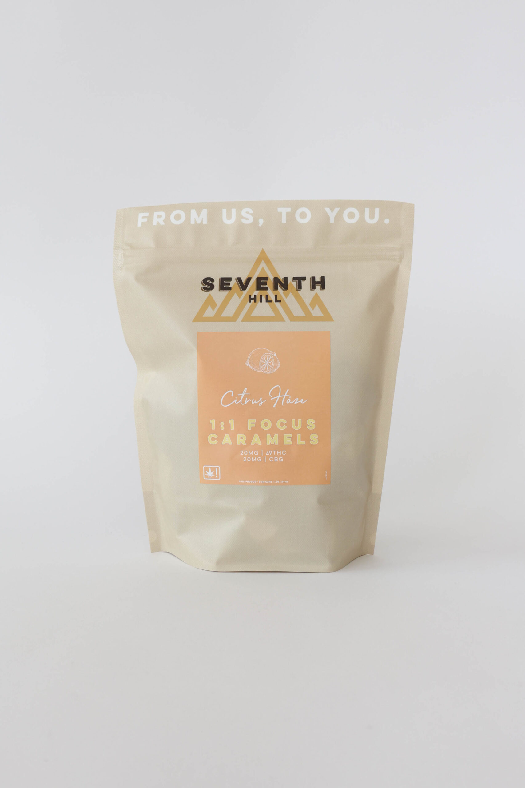 A sativa caramel with 20mg ∆9THC and 20mg CBG per piece. This bag comes with twenty or forty pieces.